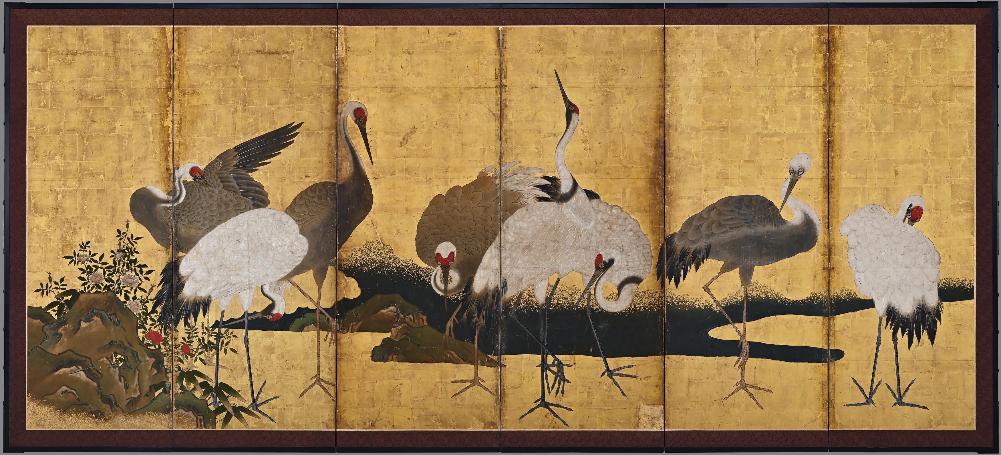 Edo Paire de paravents japonais du 17ème siècle, grues en vente