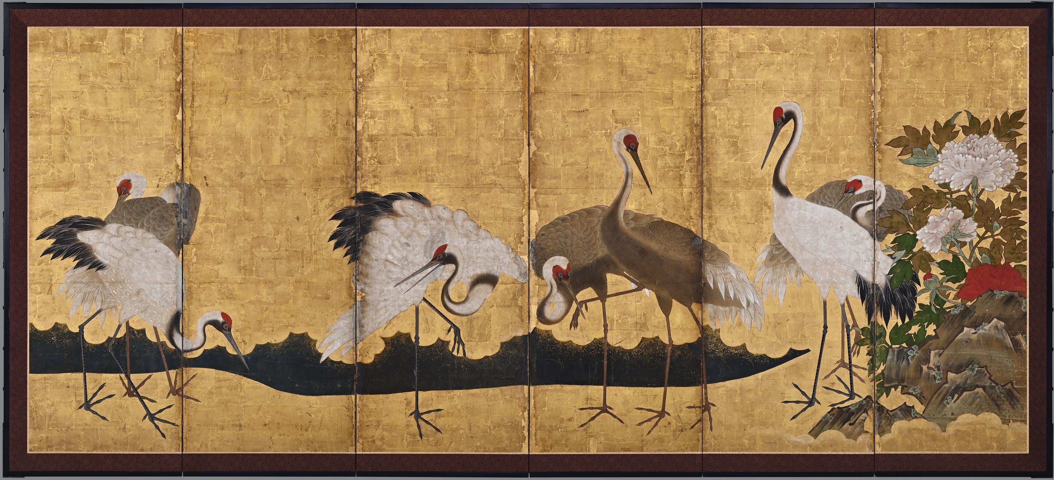 Hand-Painted 17th Century Japanese Screen Pair, Cranes For Sale