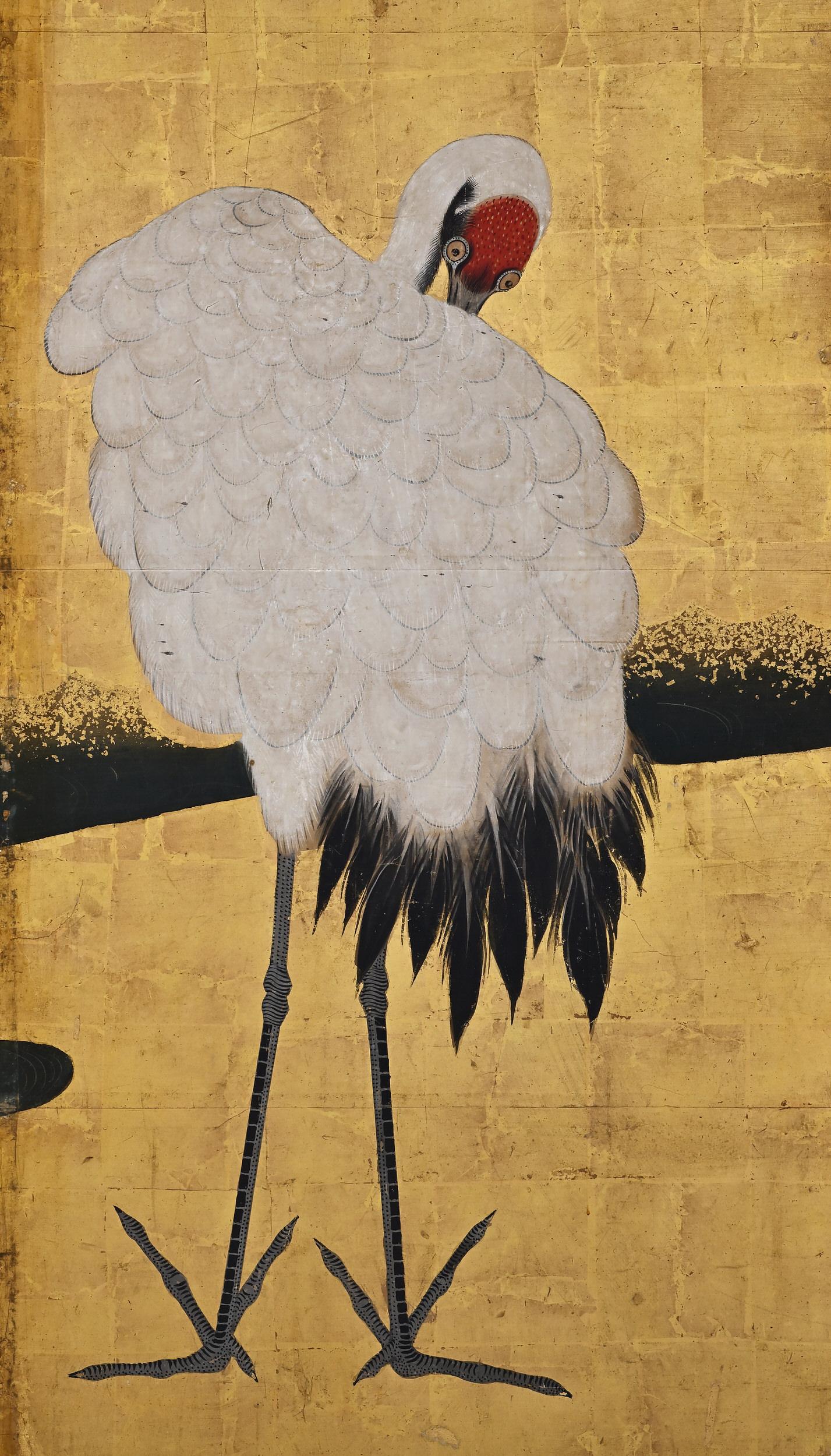 Peint à la main Paire de paravents japonais du 17ème siècle, grues en vente