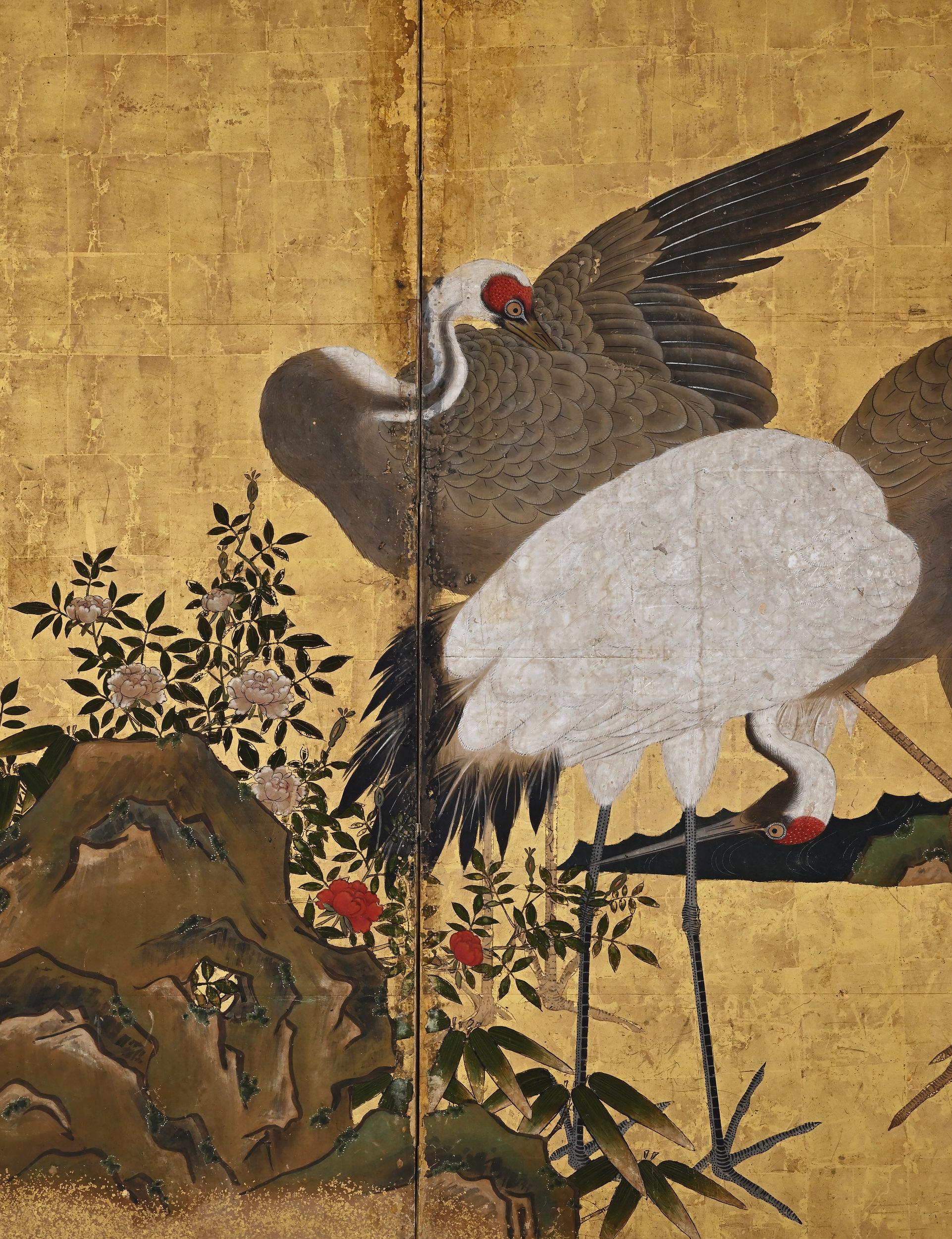 Gold Leaf 17th Century Japanese Screen Pair, Cranes For Sale