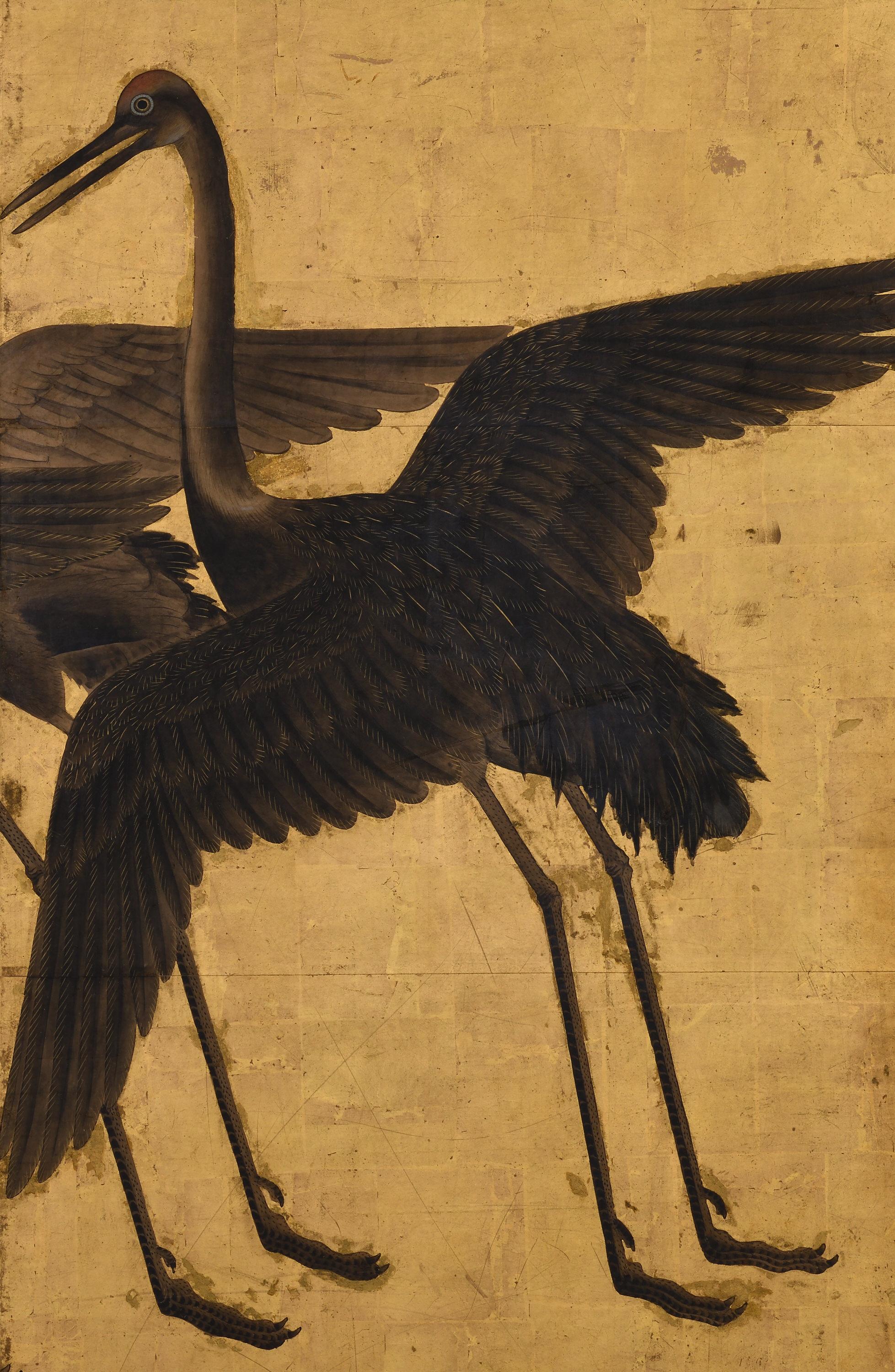 17th Century Japanese Screen Pair. Flock of Cranes. Ink and color on gold leaf. For Sale 3