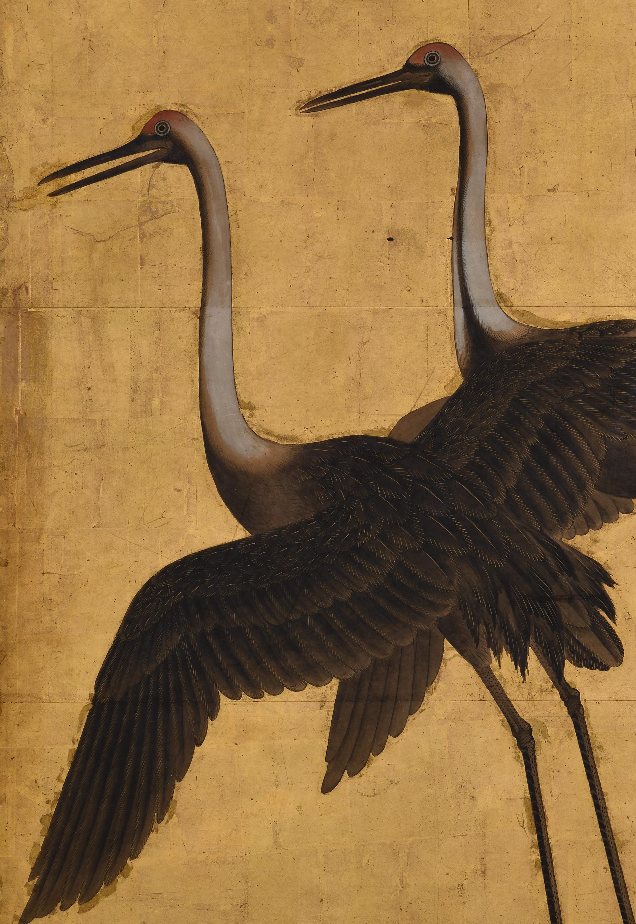 17th Century Japanese Screen Pair. Flock of Cranes. Ink and color on gold leaf. For Sale 4