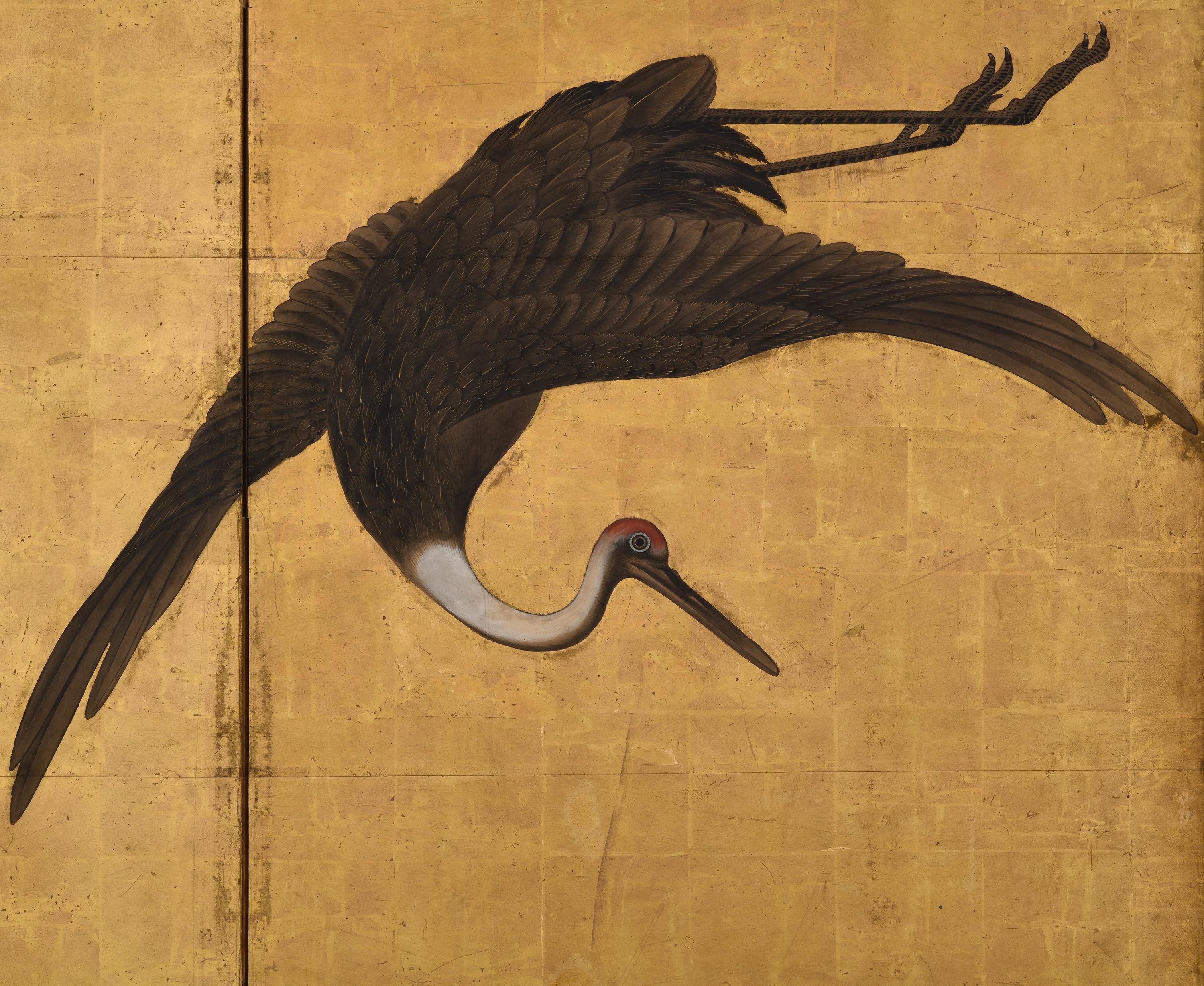 17th Century Japanese Screen Pair. Flock of Cranes. Ink and color on gold leaf. For Sale 5