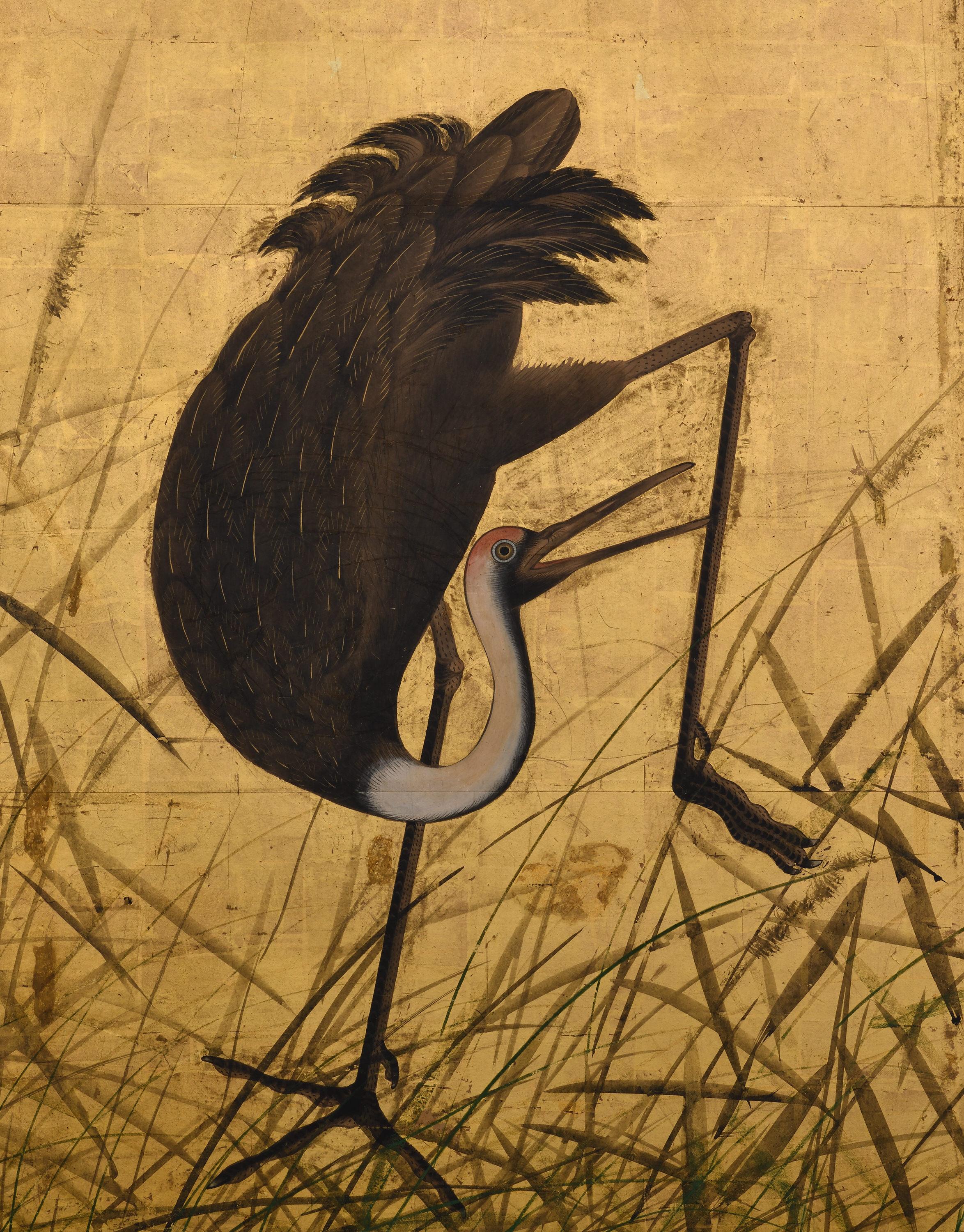 17th Century Japanese Screen Pair. Flock of Cranes. Ink and color on gold leaf. For Sale 6