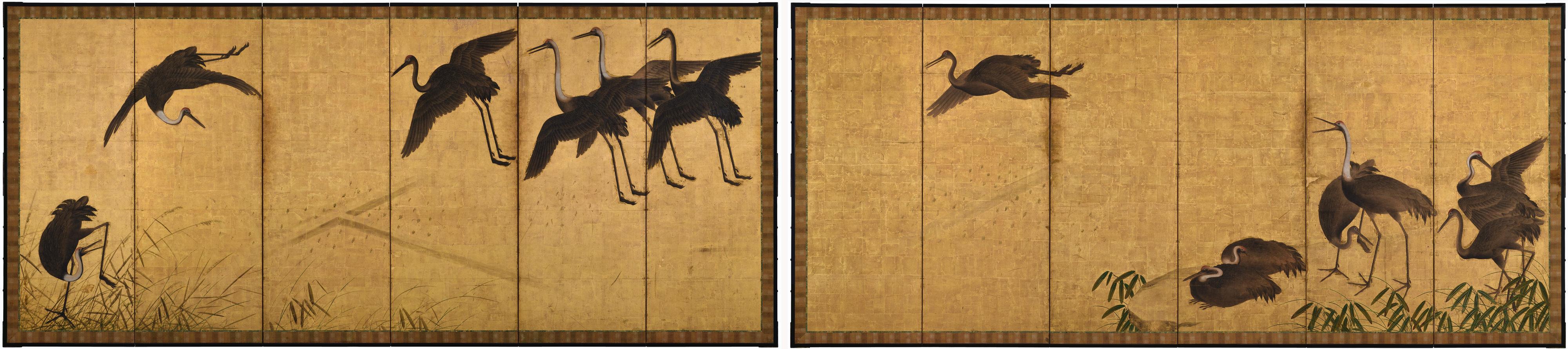 A pair of six-fold Japanese screens from the 17th century depicting a flock of cranes arriving at their wintering grounds.  The expansive scene is heavily atmospheric. The cranes are flying into the wind, beaks open in high pitched calls, wings