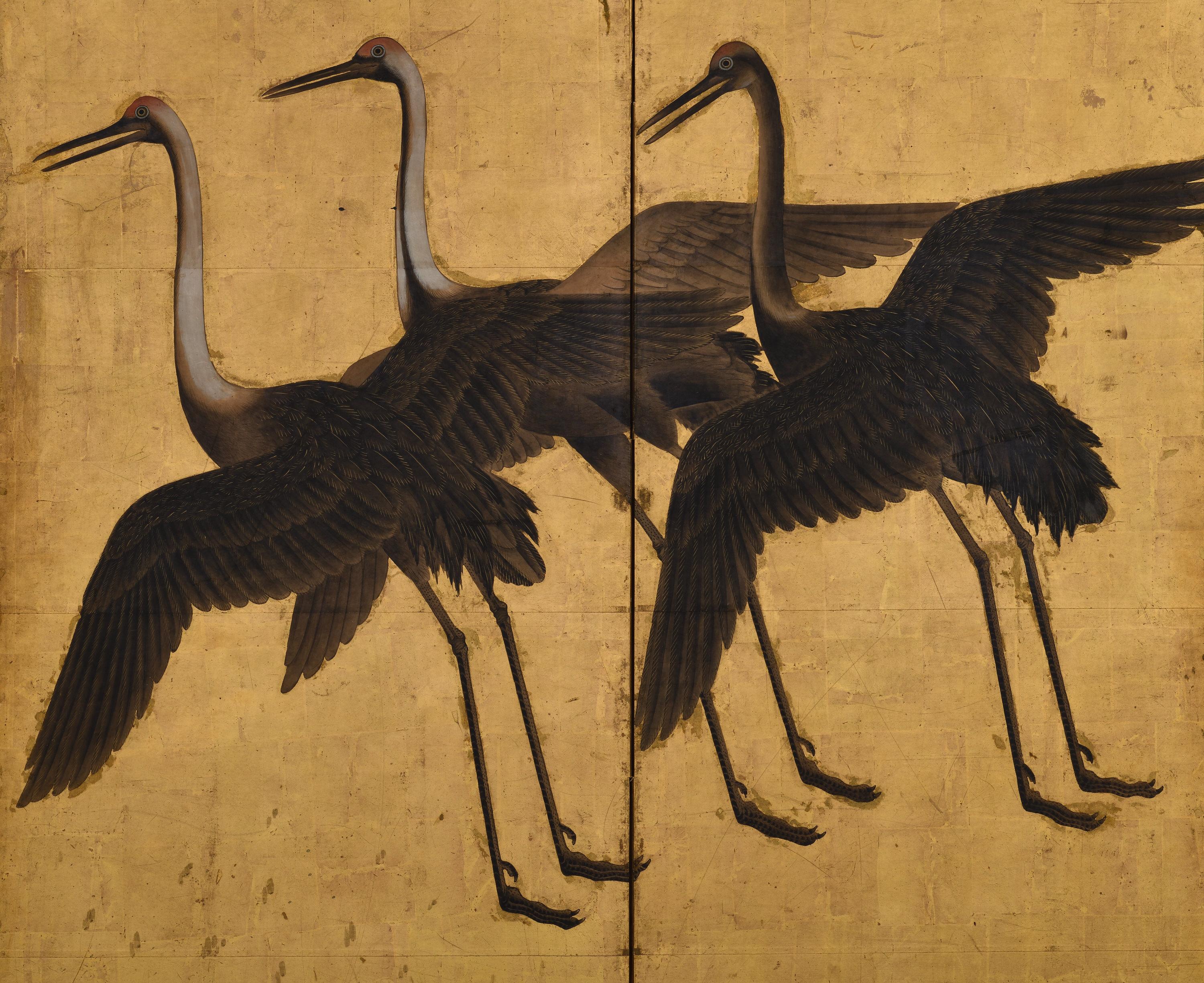 Edo 17th Century Japanese Screen Pair. Flock of Cranes. Ink and color on gold leaf. For Sale