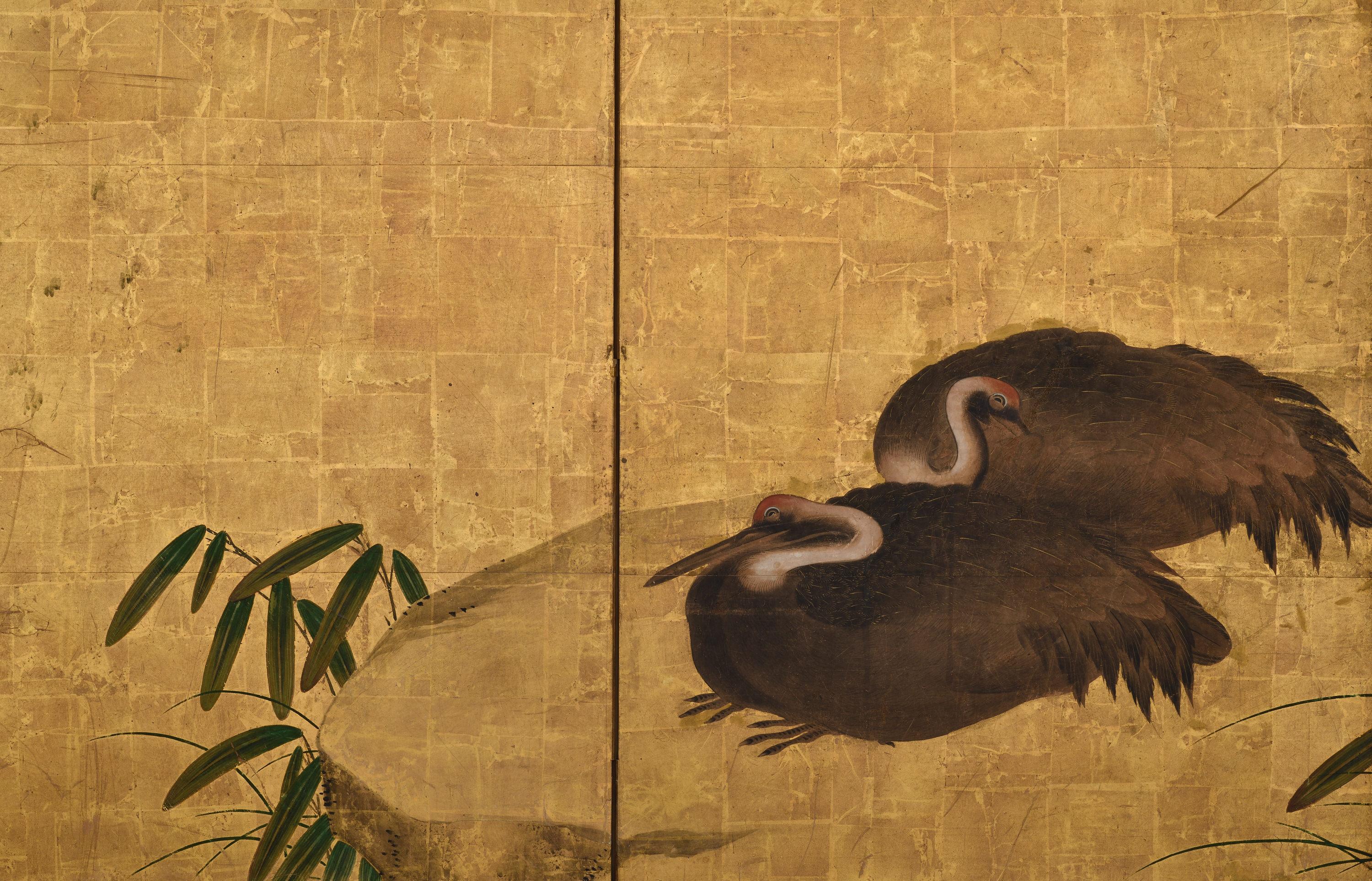 Hand-Painted 17th Century Japanese Screen Pair. Flock of Cranes. Ink and color on gold leaf. For Sale