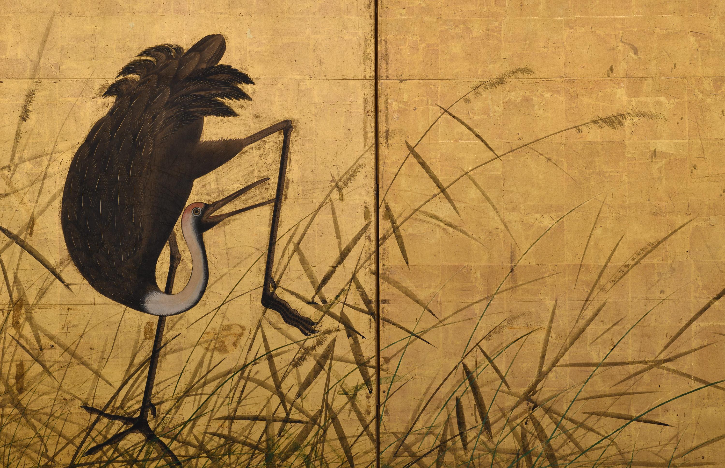 17th Century Japanese Screen Pair. Flock of Cranes. Ink and color on gold leaf. In Good Condition For Sale In Kyoto, JP