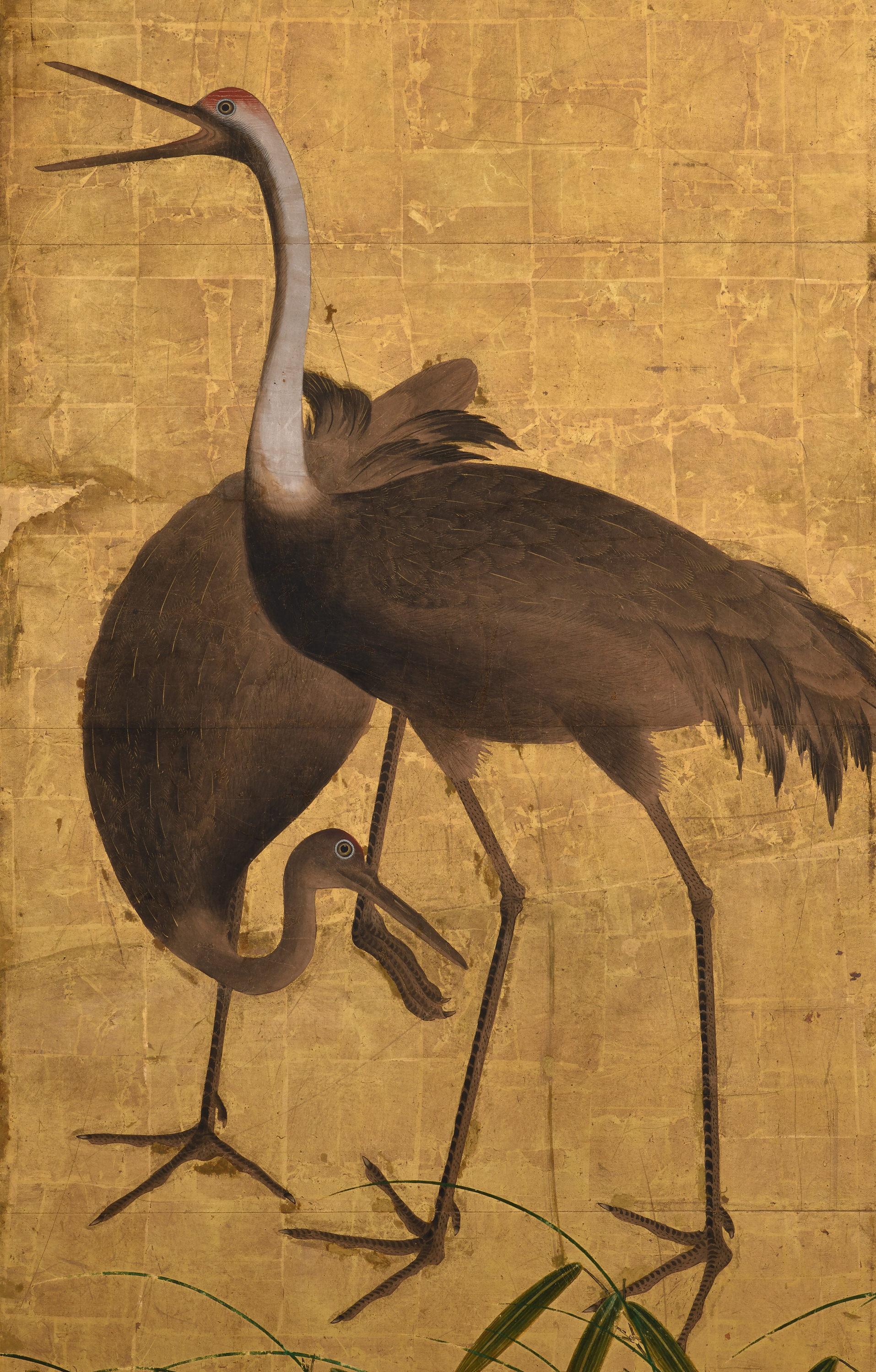 18th Century and Earlier 17th Century Japanese Screen Pair. Flock of Cranes. Ink and color on gold leaf. For Sale