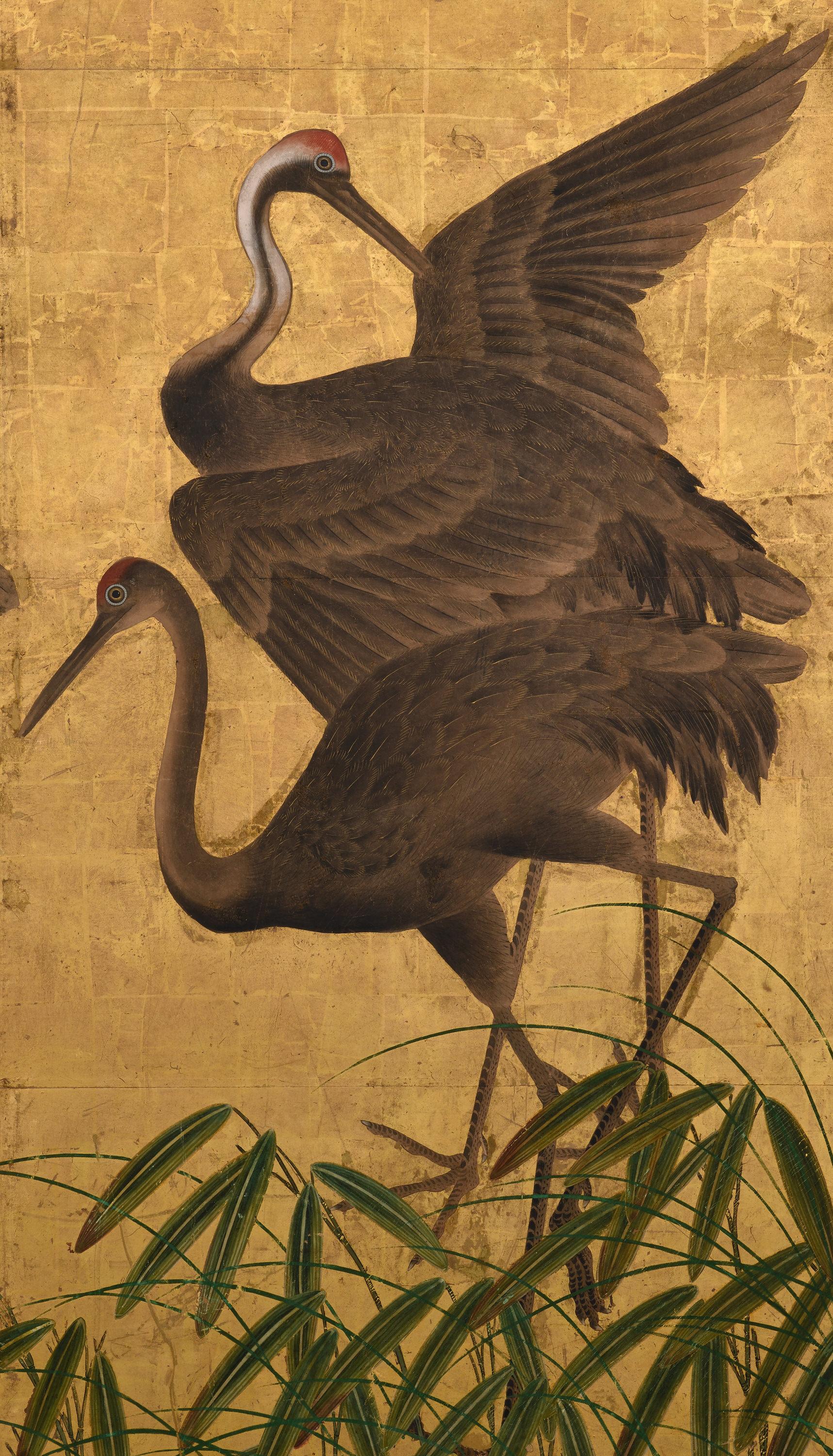 Gold Leaf 17th Century Japanese Screen Pair. Flock of Cranes. Ink and color on gold leaf. For Sale