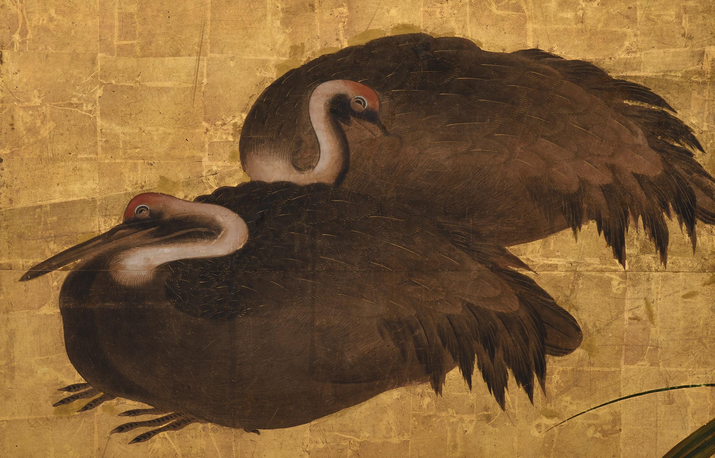 17th Century Japanese Screen Pair. Flock of Cranes. Ink and color on gold leaf. For Sale 1