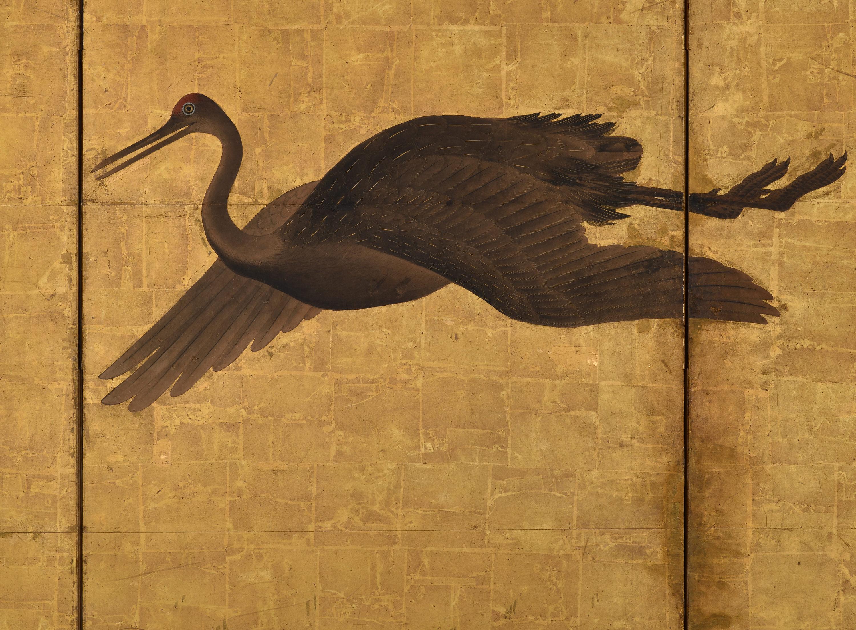 17th Century Japanese Screen Pair. Flock of Cranes. Ink and color on gold leaf. For Sale 2