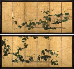 17th Century Japanese Screen Pair. Grapevines. Attributed to Kano Tsunenobu.