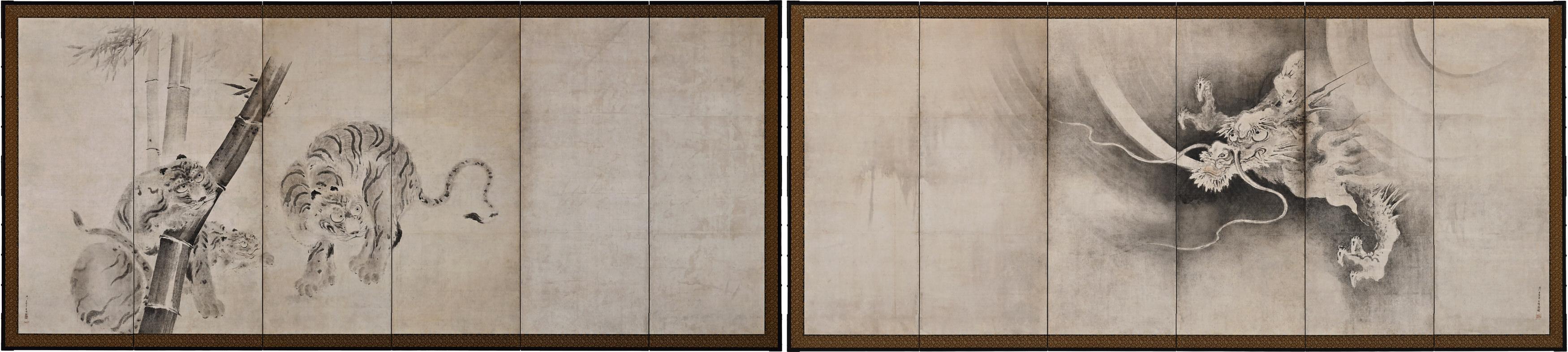 Kaiho Yusetsu (1598-1677)

Le tigre et le dragon

Début de la période Edo, vers 1650

Paire de paravents japonais à six volets. Encre et couleurs légères sur papier.

Dimensions :

Chaque écran : H. 171 cm x L. 380 cm (67,5'' x