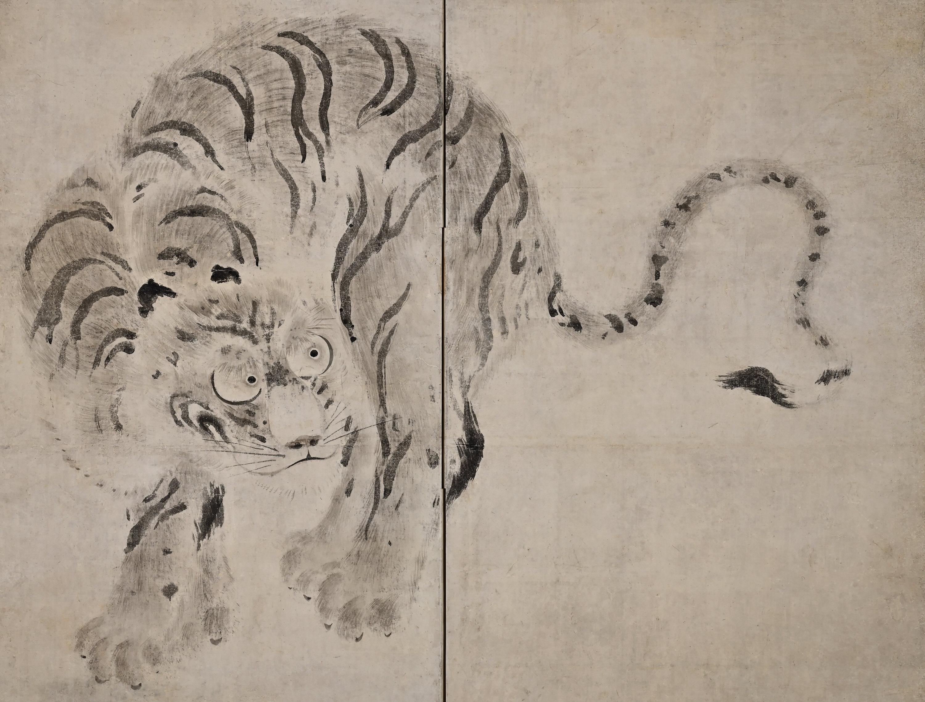 Japanisches Paravent-Paar aus dem 17. Jahrhundert. Tiger und Drache von Kaiho Yusetsu (Edo) im Angebot