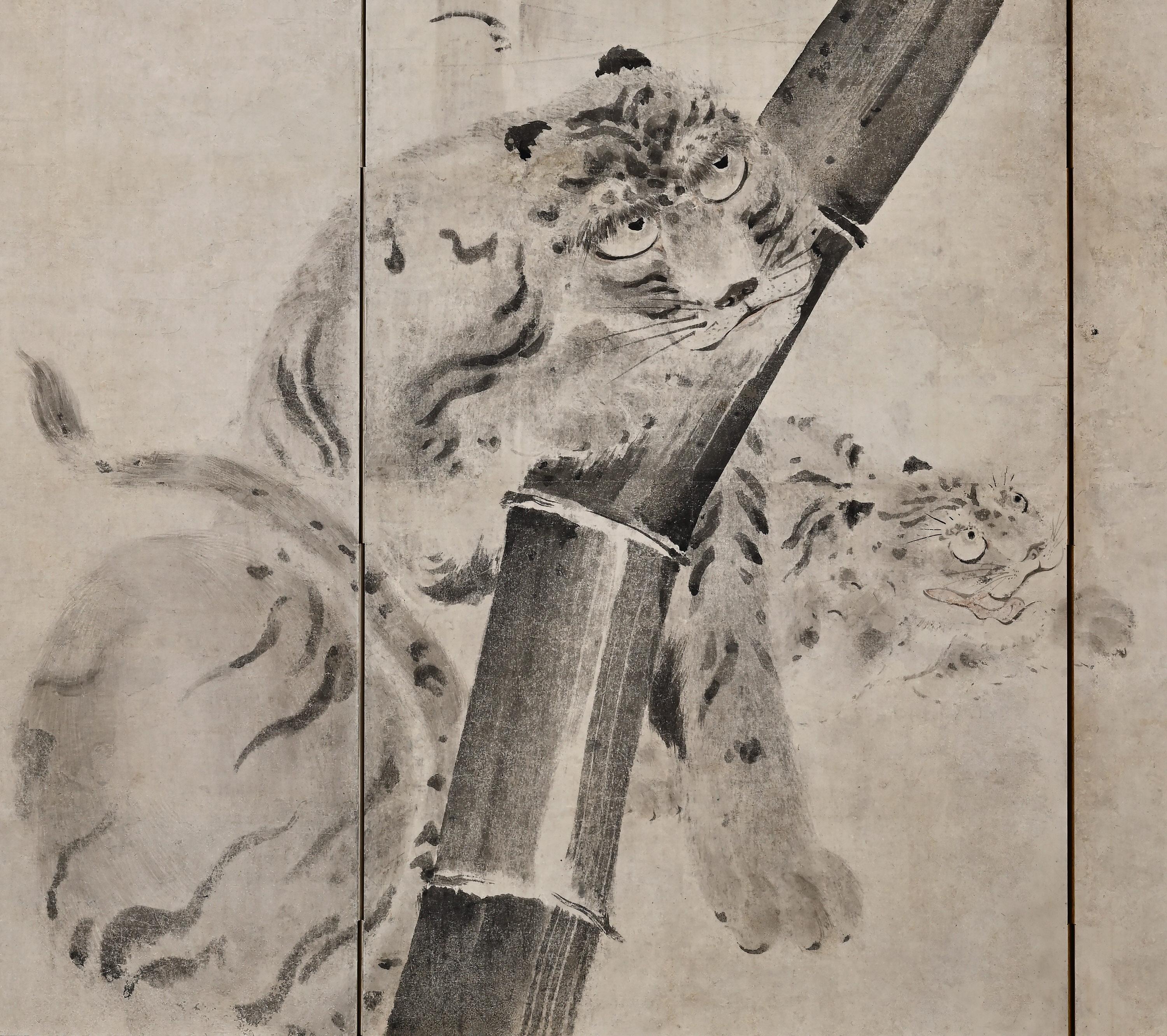 Japanisches Paravent-Paar aus dem 17. Jahrhundert. Tiger und Drache von Kaiho Yusetsu (Handbemalt) im Angebot