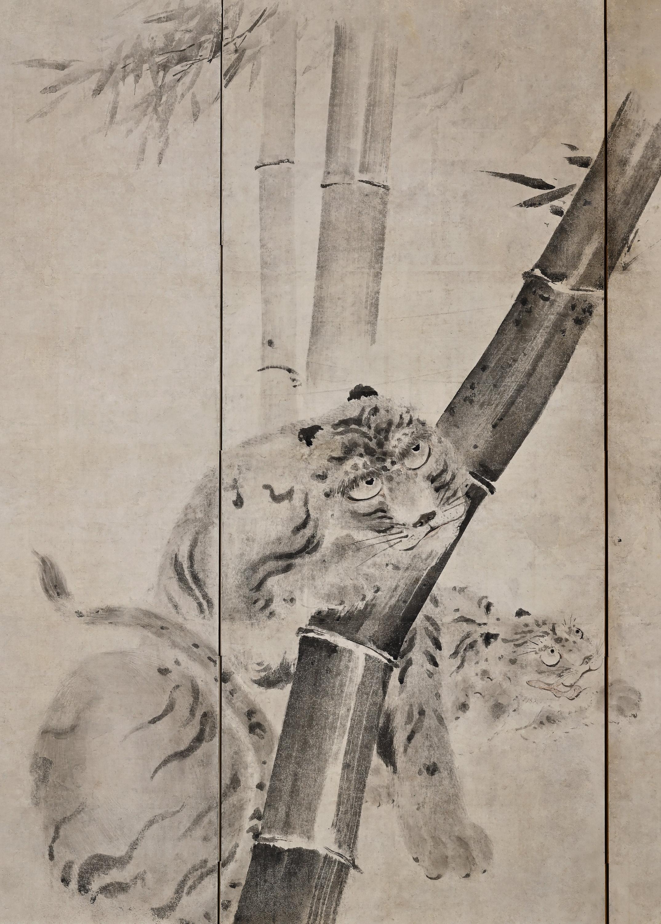 Japanisches Paravent-Paar aus dem 17. Jahrhundert. Tiger und Drache von Kaiho Yusetsu im Zustand „Relativ gut“ im Angebot in Kyoto, JP