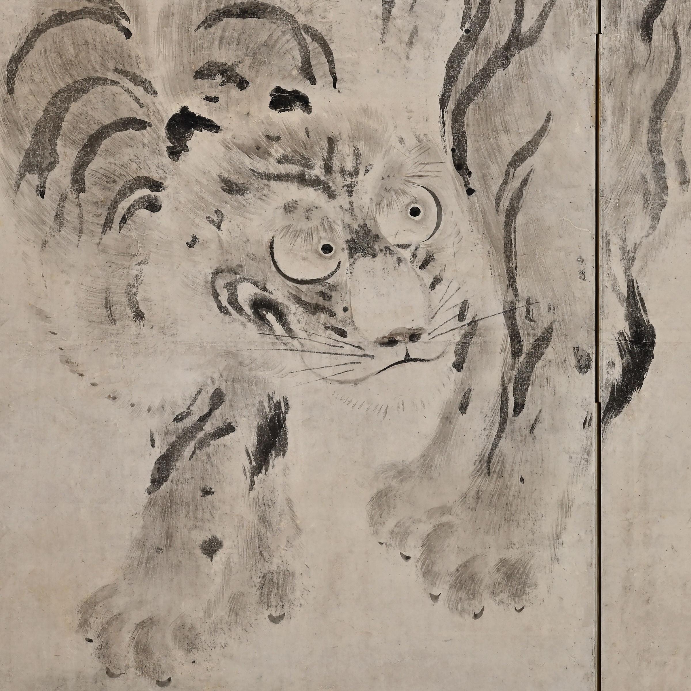 Paire d'écrans japonais du 17ème siècle. Tigre et dragon de Kaiho Yusetsu État moyen - En vente à Kyoto, JP