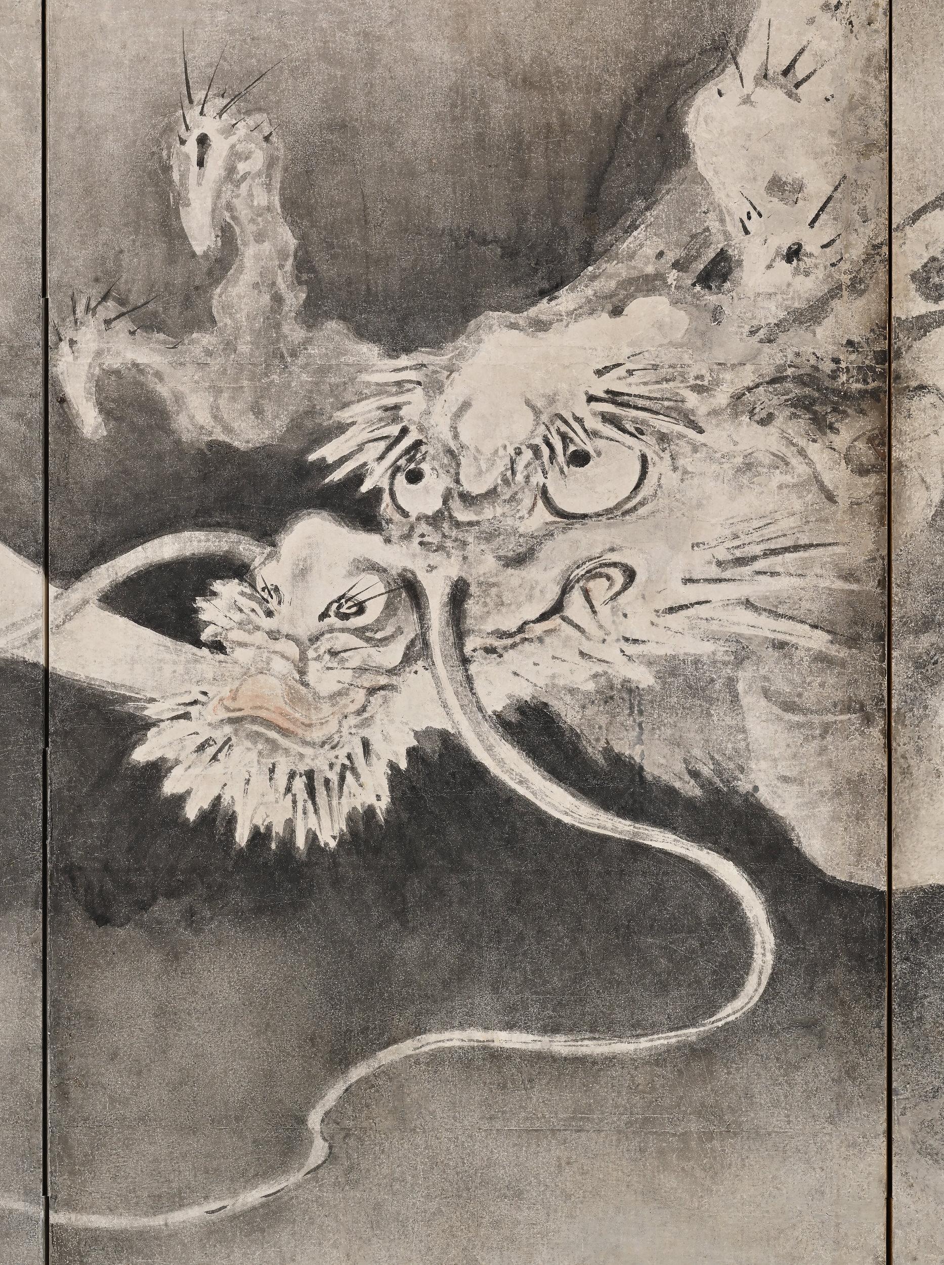 Soie Paire d'écrans japonais du 17ème siècle. Tigre et dragon de Kaiho Yusetsu en vente