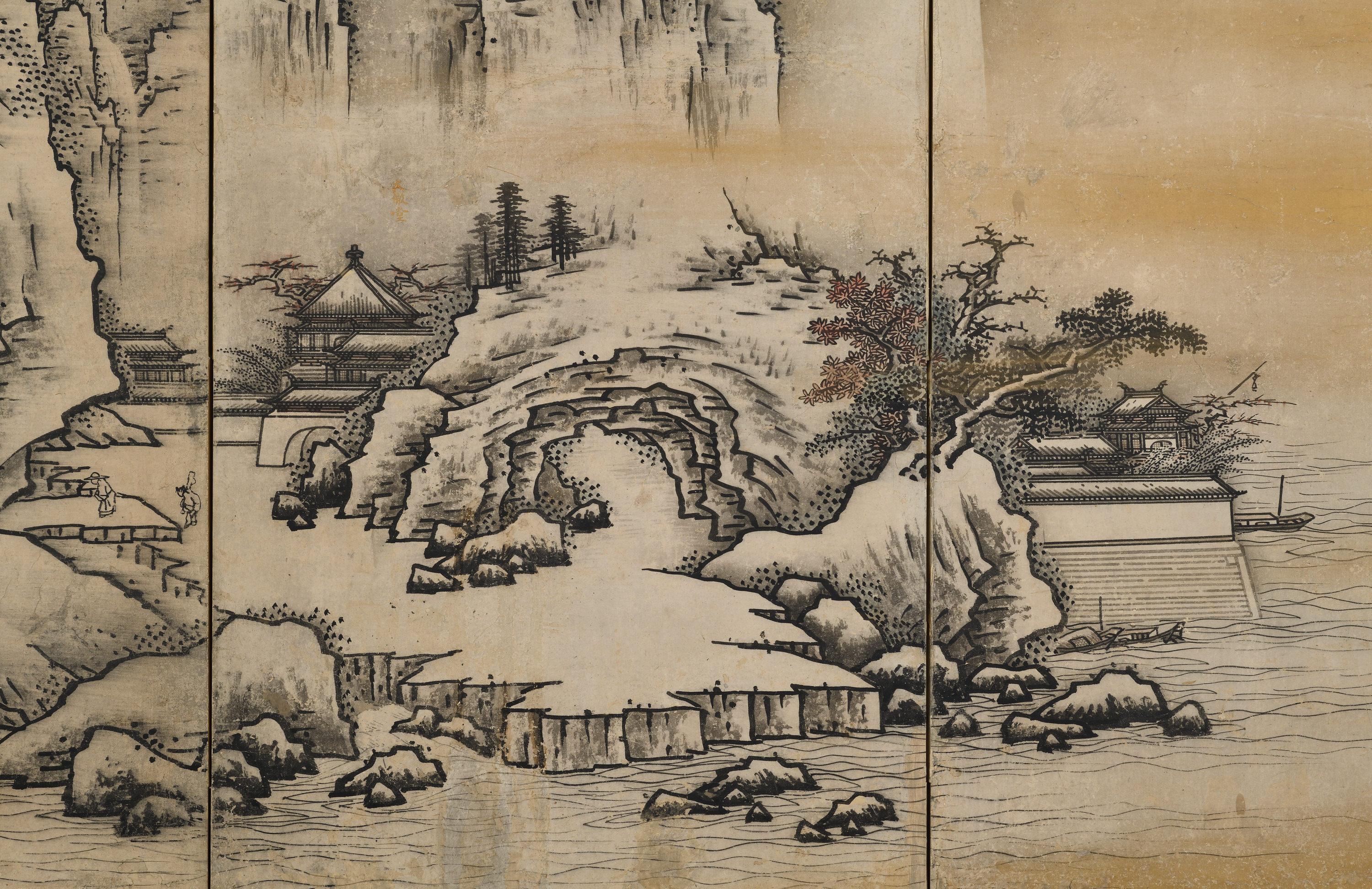 17th Century Japanese Screen. View of West Lake by Unkoku Toyo. For Sale 5