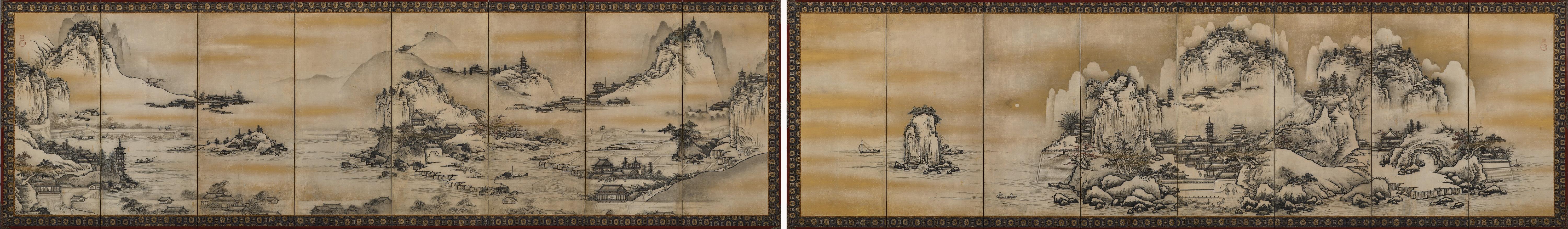 Unkoku Toyo (1612-1668)

View of West Lake

Pair of eight-panel Japanese Screens. Ink and gold wash on paper.

Dimensions: Each screen: H. 110 cm x W. 372 cm (43” x 147”)

This pair of Japanese landscape screens, by Unkoku Tōyō (1612–1668), presents