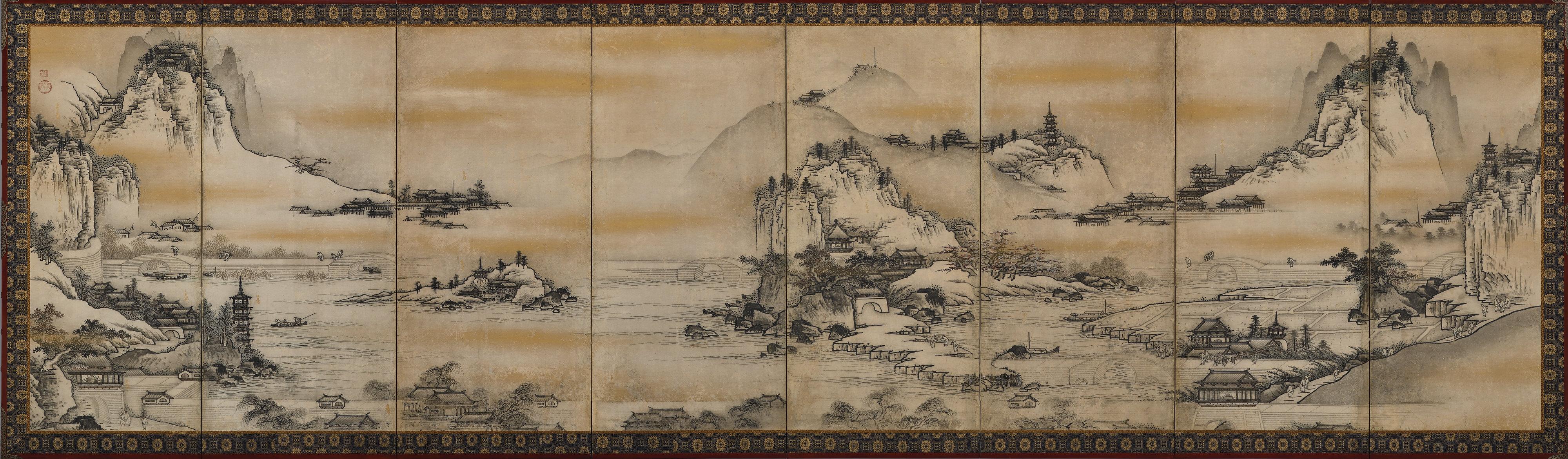 Edo 17th Century Japanese Screen. View of West Lake by Unkoku Toyo. For Sale