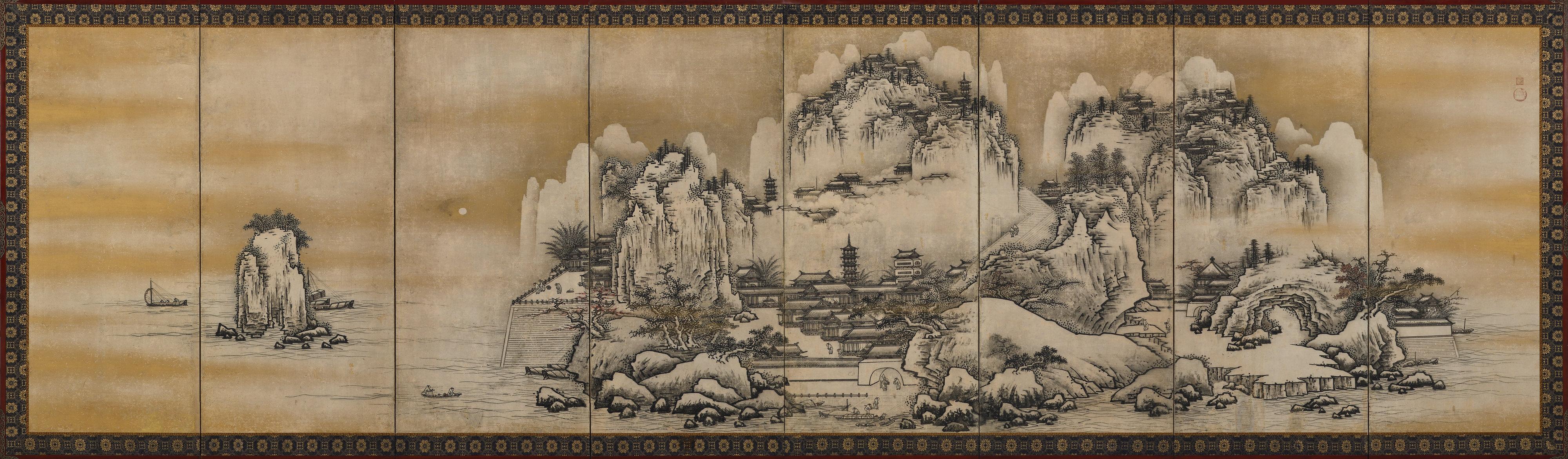 Hand-Painted 17th Century Japanese Screen. View of West Lake by Unkoku Toyo. For Sale