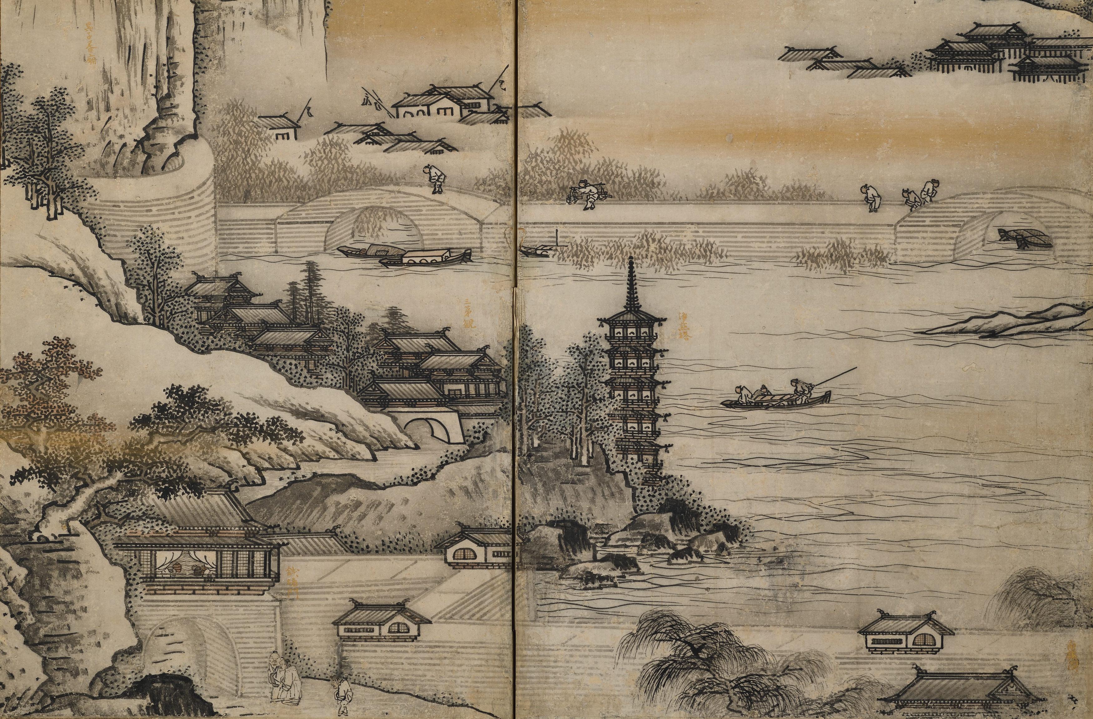 17th Century Japanese Screen. View of West Lake by Unkoku Toyo. In Good Condition For Sale In Kyoto, JP