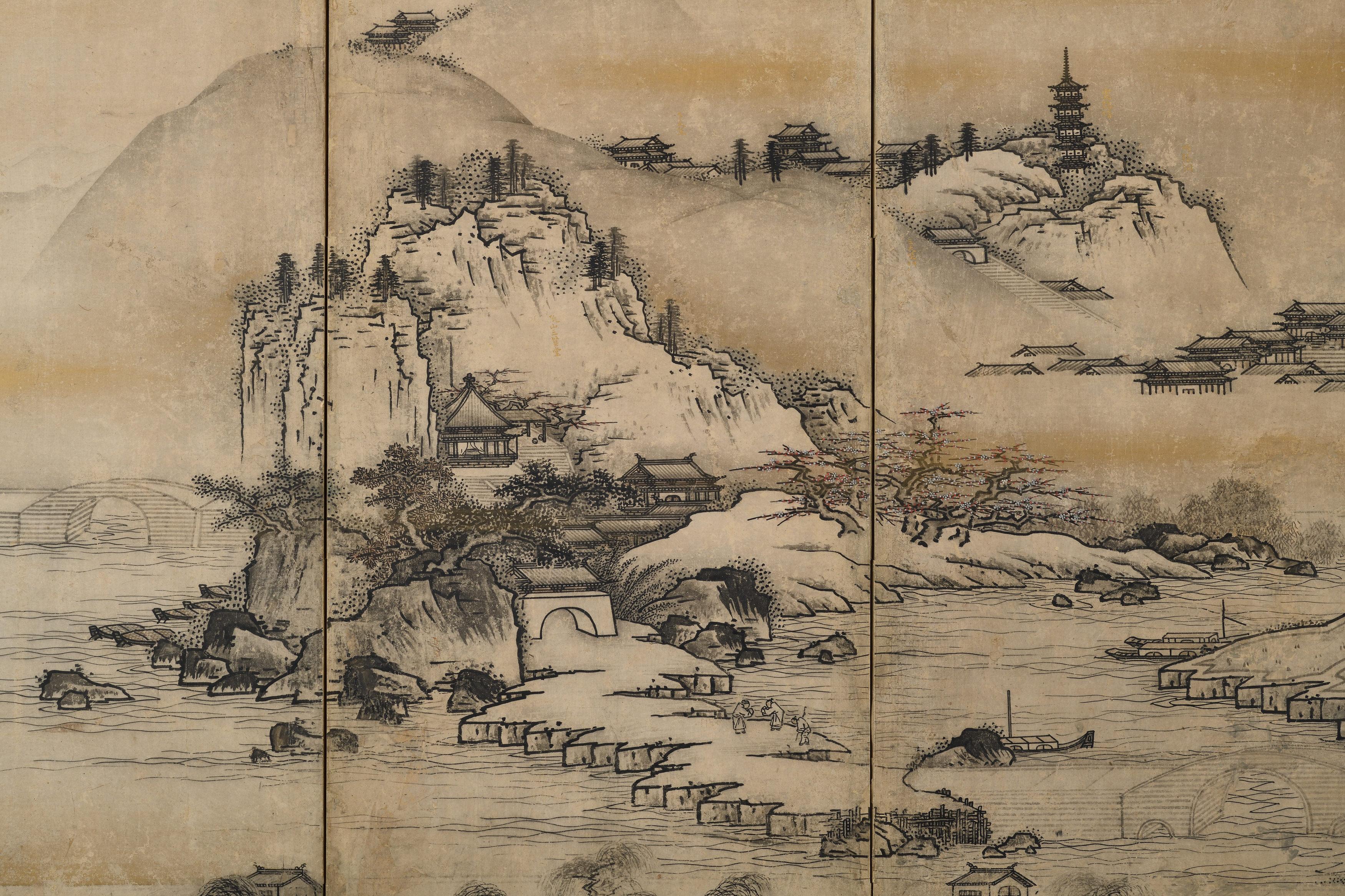 Paper 17th Century Japanese Screen. View of West Lake by Unkoku Toyo. For Sale