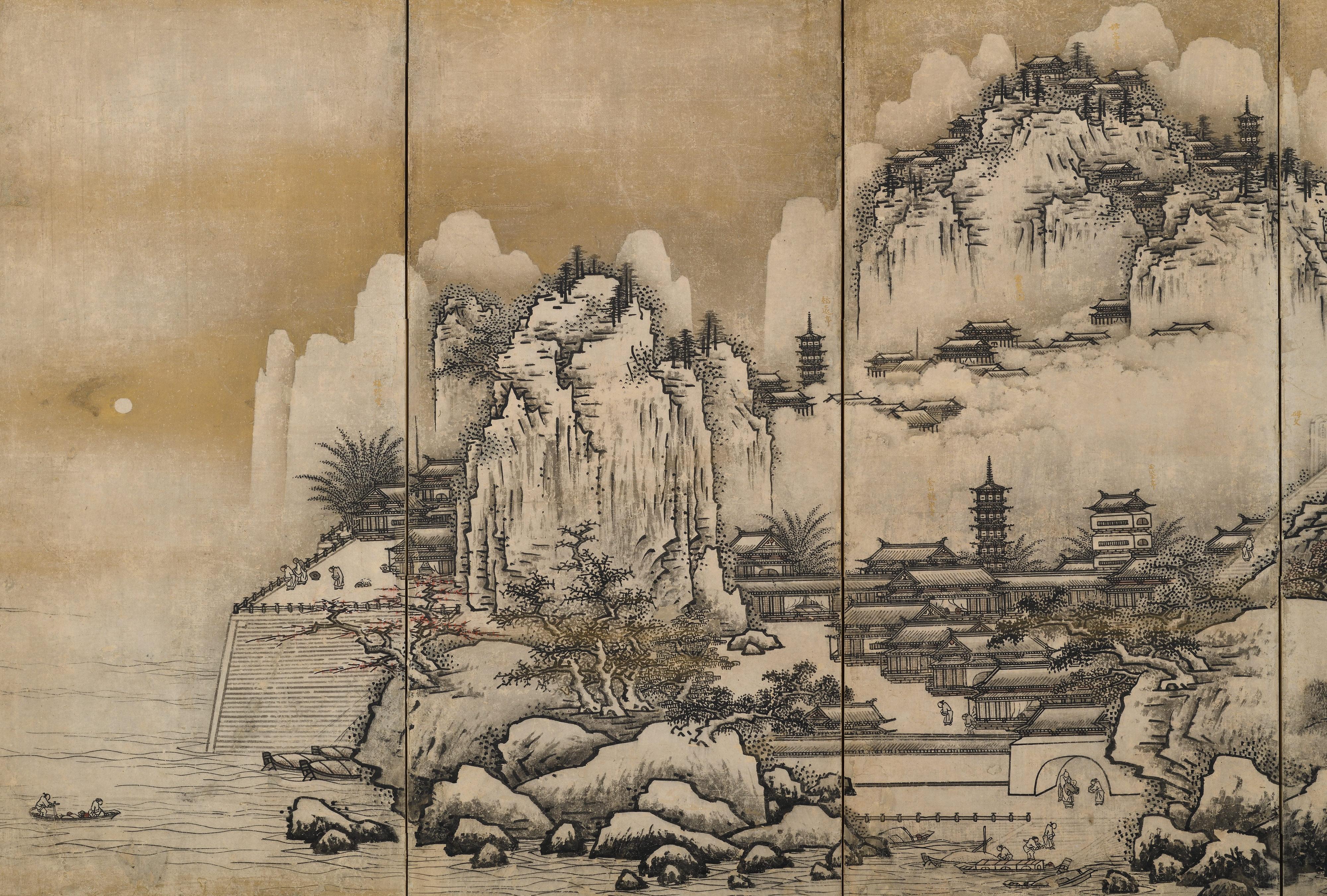 17th Century Japanese Screen. View of West Lake by Unkoku Toyo. For Sale 3