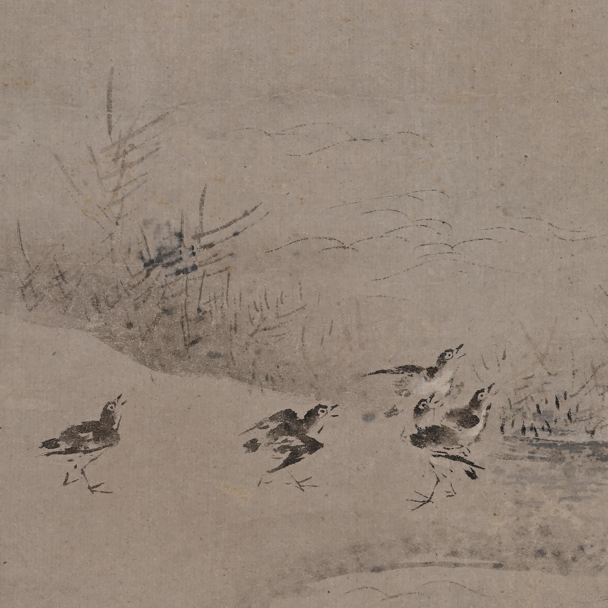 Hand-Painted 17th Century Japanese Scroll Painting. Plovers in Moonlight by Kano Ujinobu