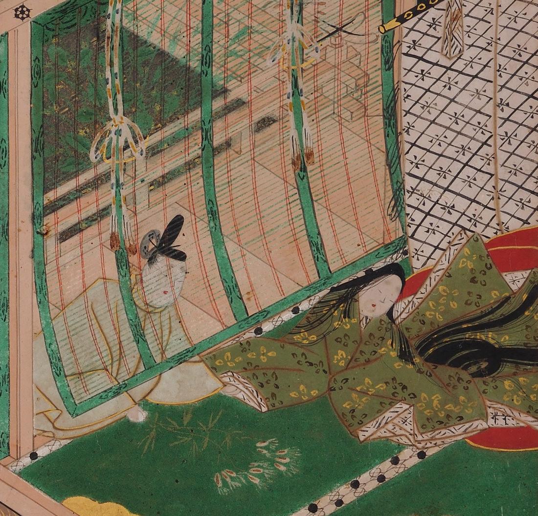 Pantalon violet (Fujibakama), Illustration du chapitre 30 du Conte du Genji (Genji Monogatari)

École de Tosa (seconde moitié du XVIIe siècle)

Encre, pigment, gofun et or sur papier. Non encadré.

Dimensions :

Environ 17 cm x 15 cm (6,7