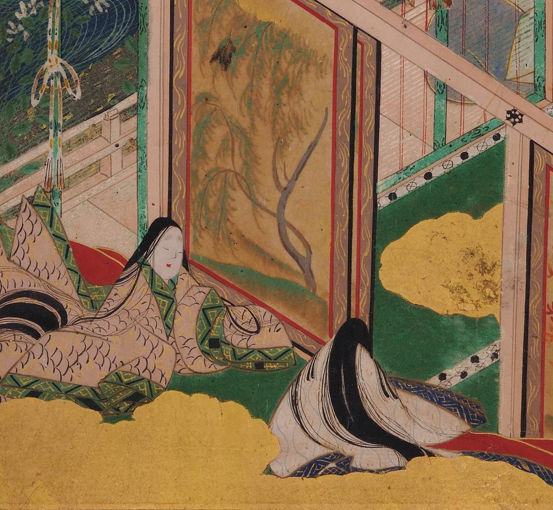 Edo Peinture japonaise, XVIIe siècle, Le conte de Genji, Fujibakama, Tosa School en vente