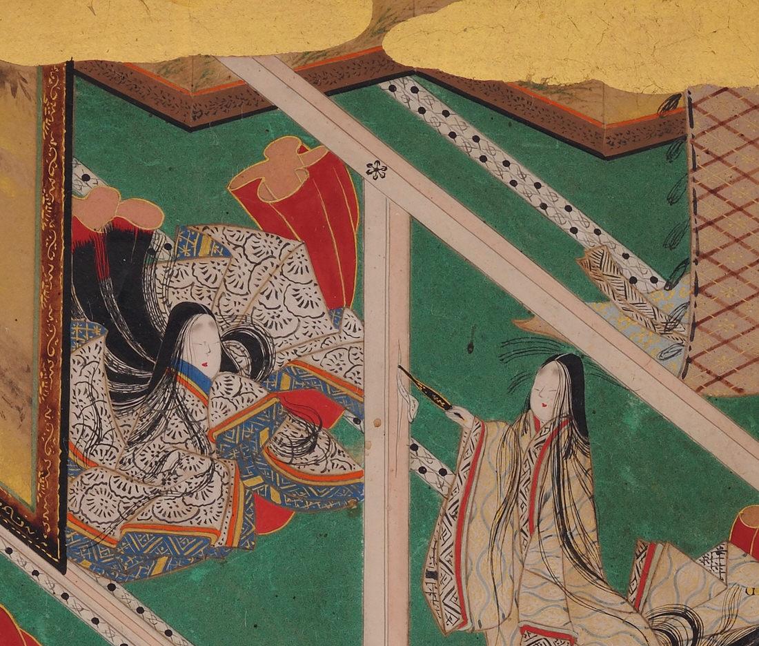 Le beau pilier (Makibashira), illustration du chapitre 31 du Conte du Genji (Genji Monogatari)

École de Tosa (deuxième moitié du XVIIe siècle)

Encre, pigment, gofun et or sur papier. Non encadré.

Dimensions :

Environ 17 cm x 15 cm (6,7