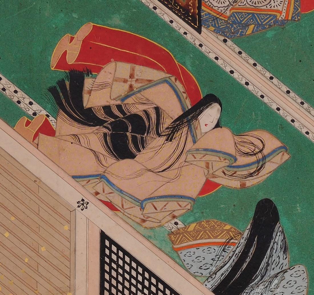 Edo Peinture japonaise, 17e siècle, Tale of Genji, Makibashira, école de Tosa en vente