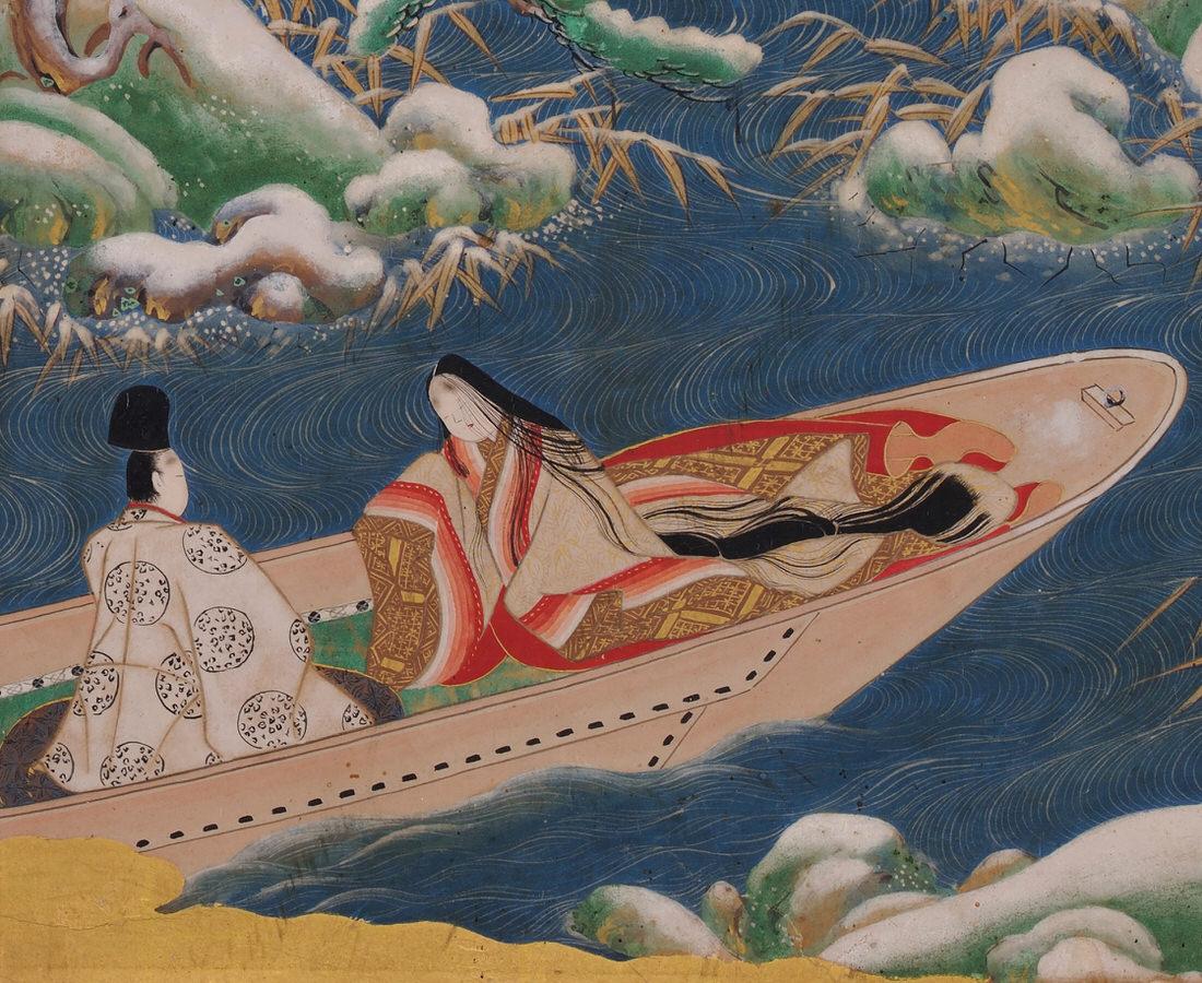 A boat upon the water (Ukifune), Illustration to Chapter 51 of the Tale of Genji (Genji monogatari)
Tosa School (second half of the 17th Century)

Ink, pigment, gofun and gold on paper.

Dimensions:

Approximately 17 cm x 15 cm (6.7” x