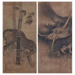 Japanese Scroll Painting, 17th Century Tiger & Dragon Pair by Soga Nichokuan