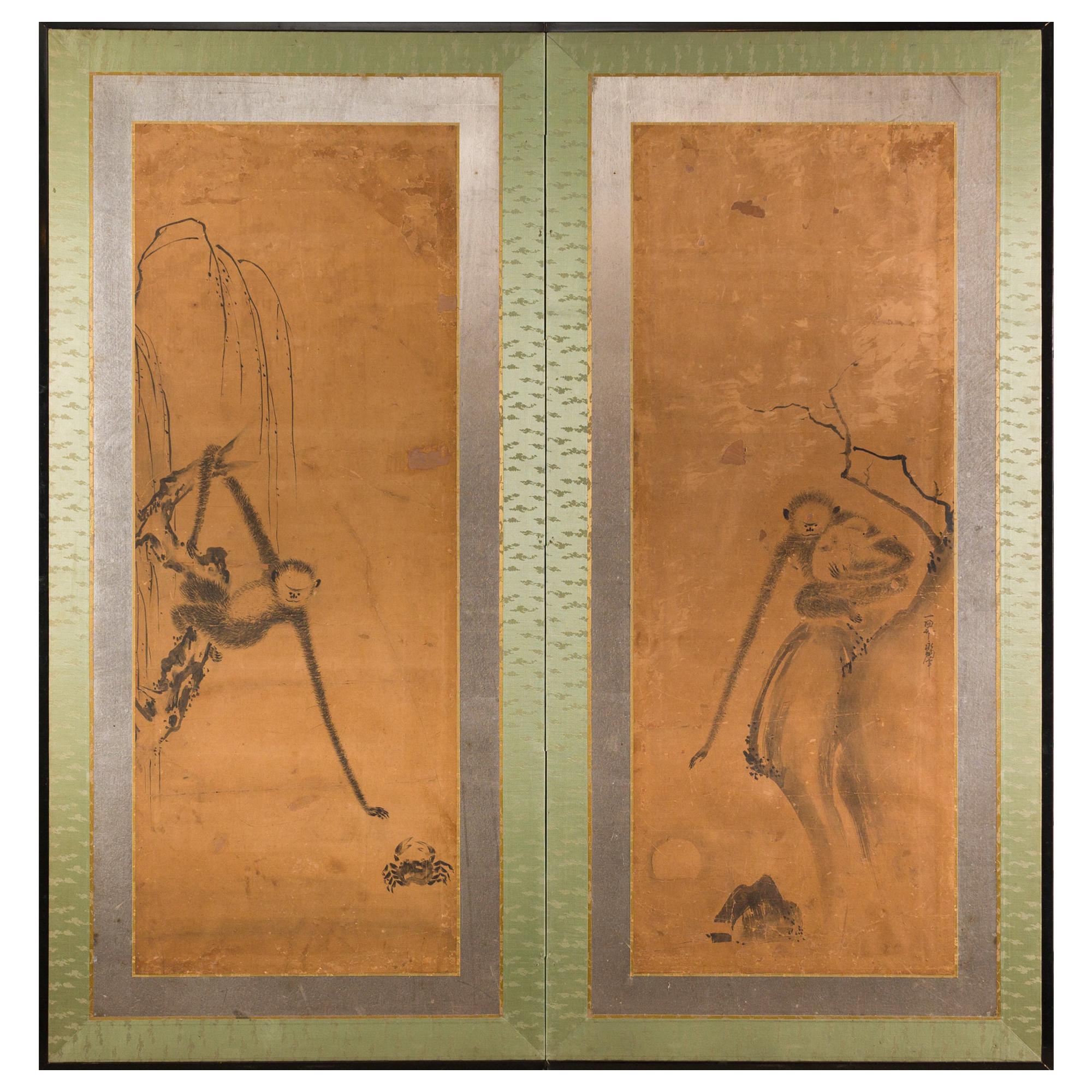 17th Century Japanese Two-Panel Screen, Gibbons of Folklore