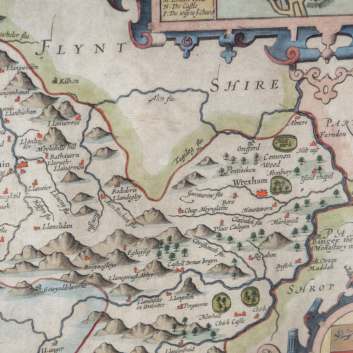 Wood 17th Century John Speed Map of Denbighshire, c.1610 For Sale