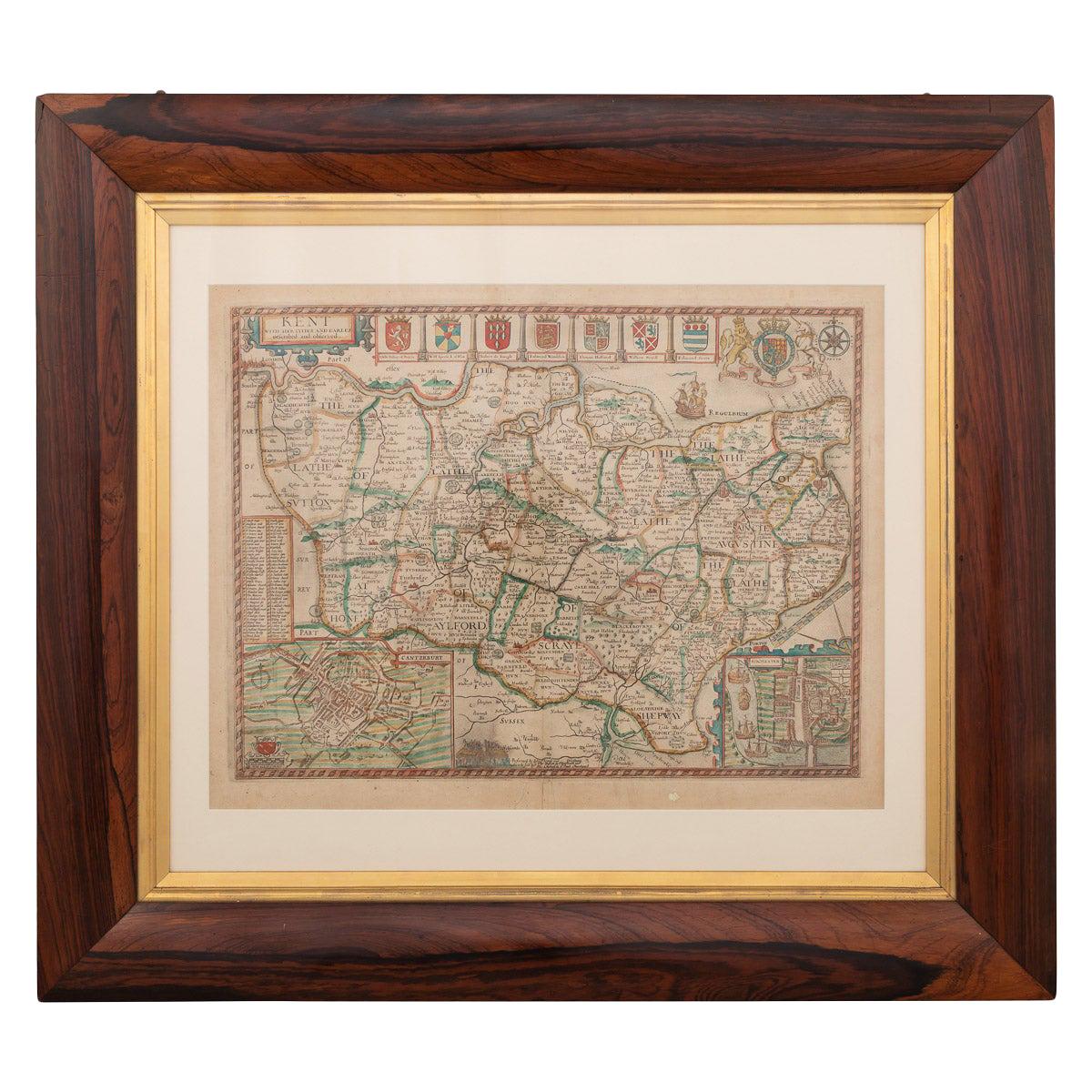 17th Century John Speed Map of Kent with Her Cities & Earles Described, C.1676 For Sale