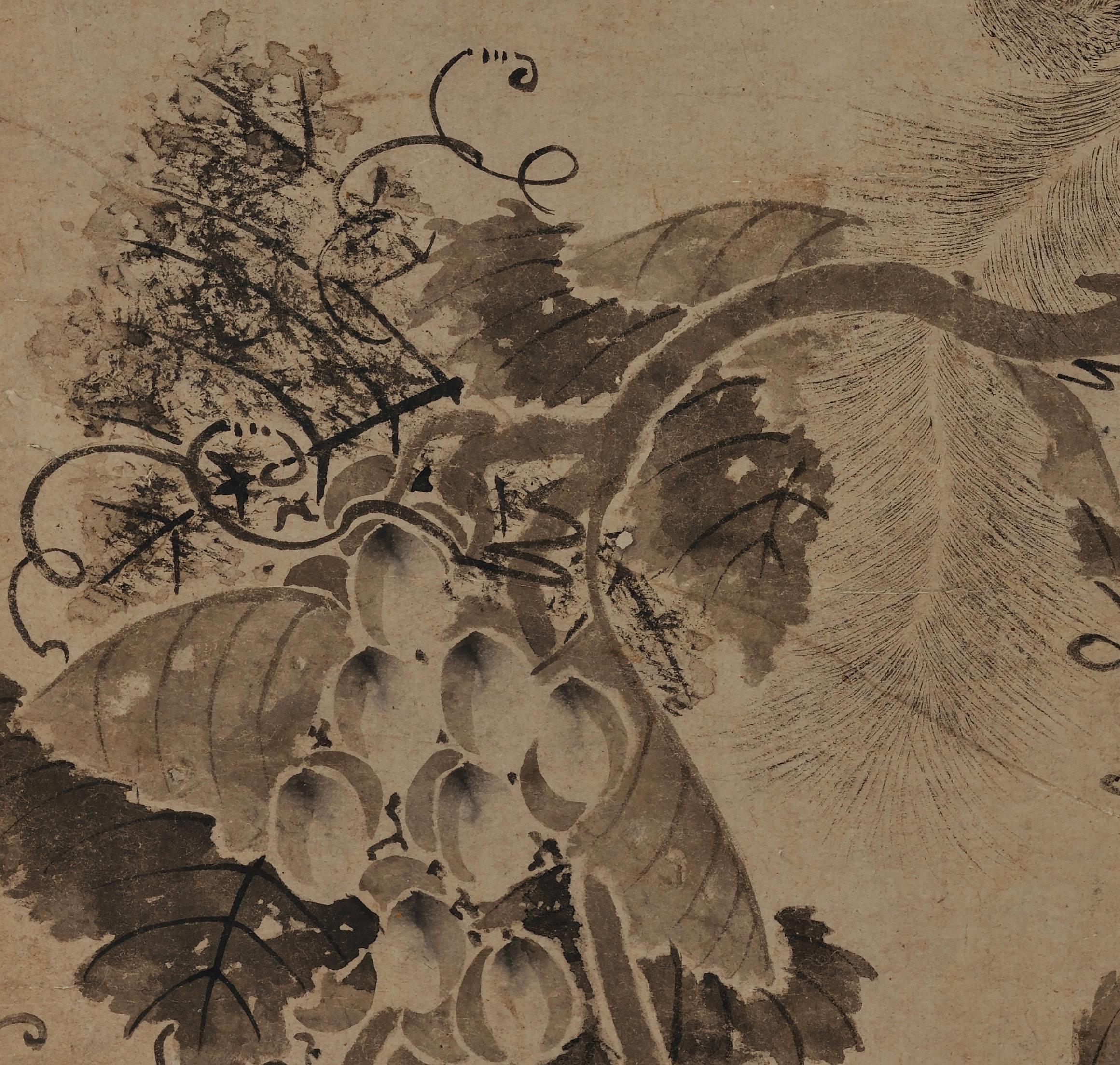 Paper 17th Century Korean Grapevine and Squirrel Scroll Painting, Mid Joseon Period For Sale