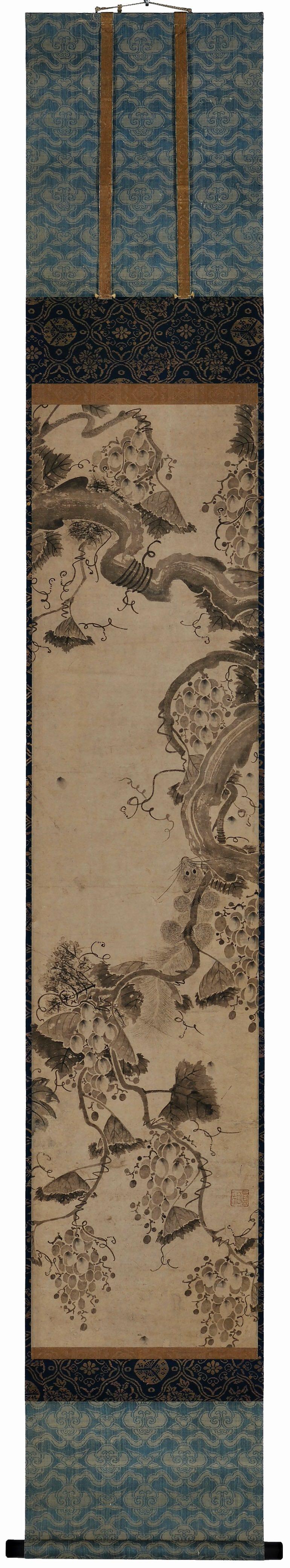 Anonymous. Korean, 17th century. Joseon period.

Hanging scroll. Ink on paper.

Seal: Shinso

Dimensions:

Scroll: H. 200 cm x W. 31 cm (79” x 12”)
Image: H. 122 cm x W. 29.5 cm (48” x 11.5”)

The grapevine came to China and then Korea