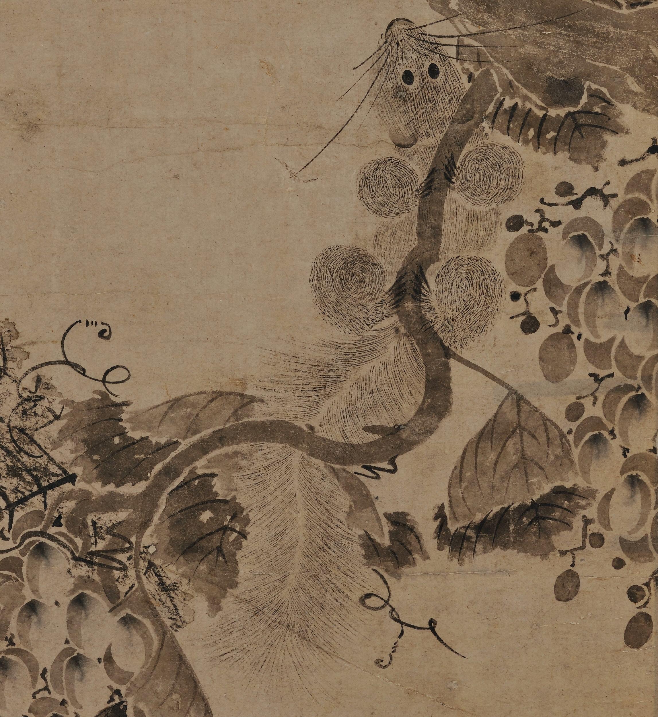 Peint à la main Peinture coréenne du 17ème siècle représentant des vignes et des écureuils, période Joseon en vente