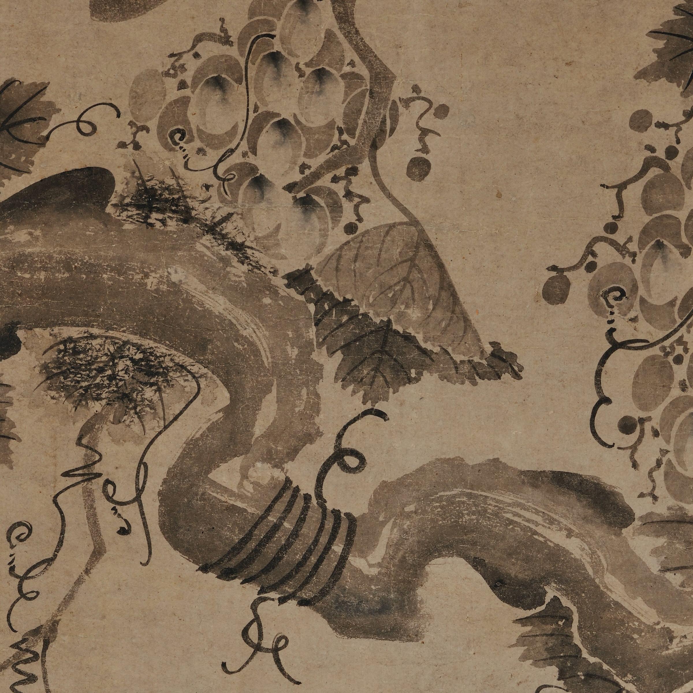 Hand-Painted 17th Century Korean Grapevine and Squirrel Scroll Painting, Mid Joseon Period For Sale