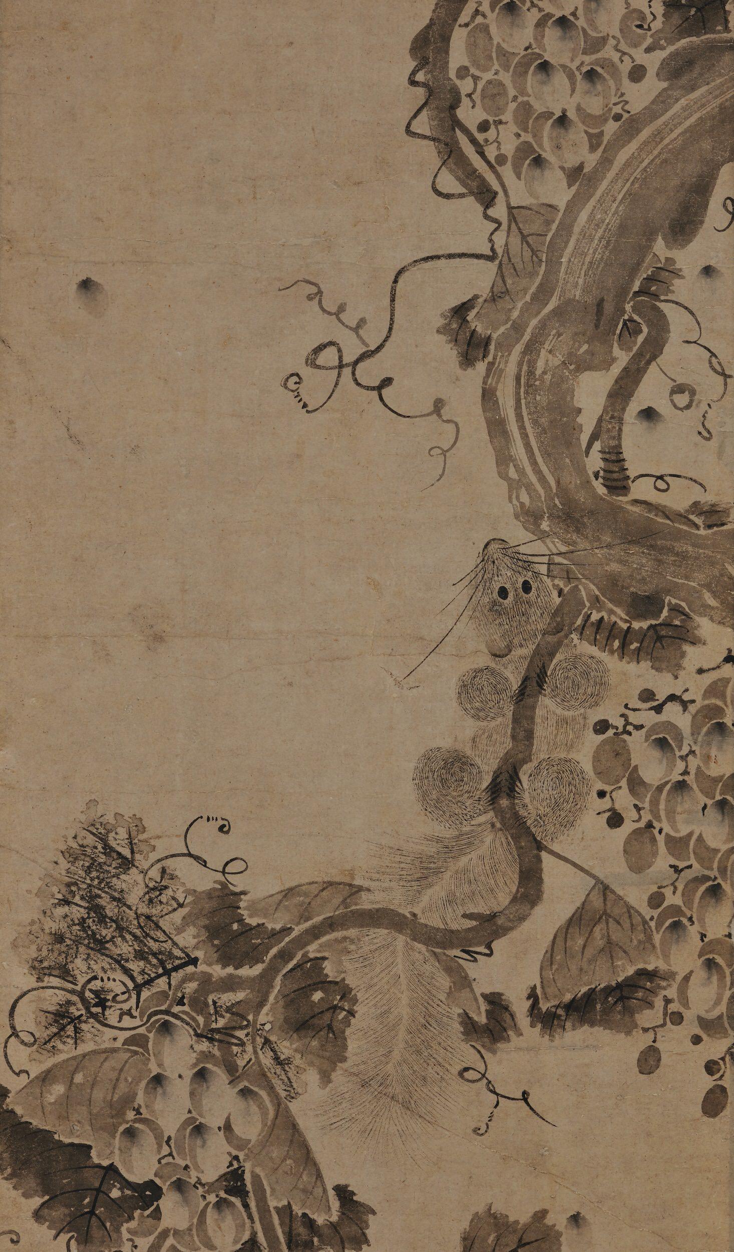 Papier Peinture coréenne du 17ème siècle représentant des vignes et des écureuils, période Joseon en vente