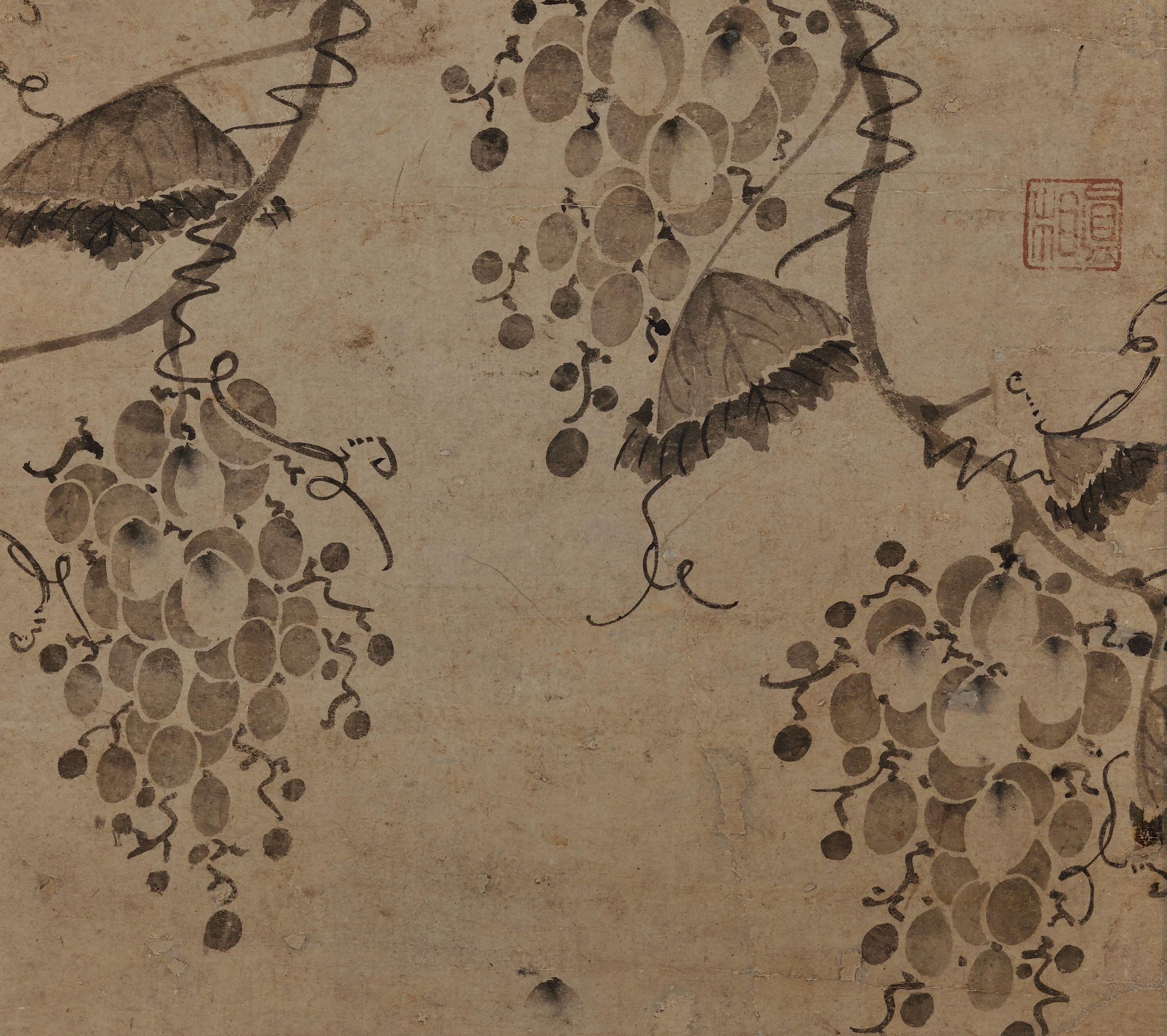 Peinture coréenne du 17ème siècle représentant des vignes et des écureuils, période Joseon en vente 1