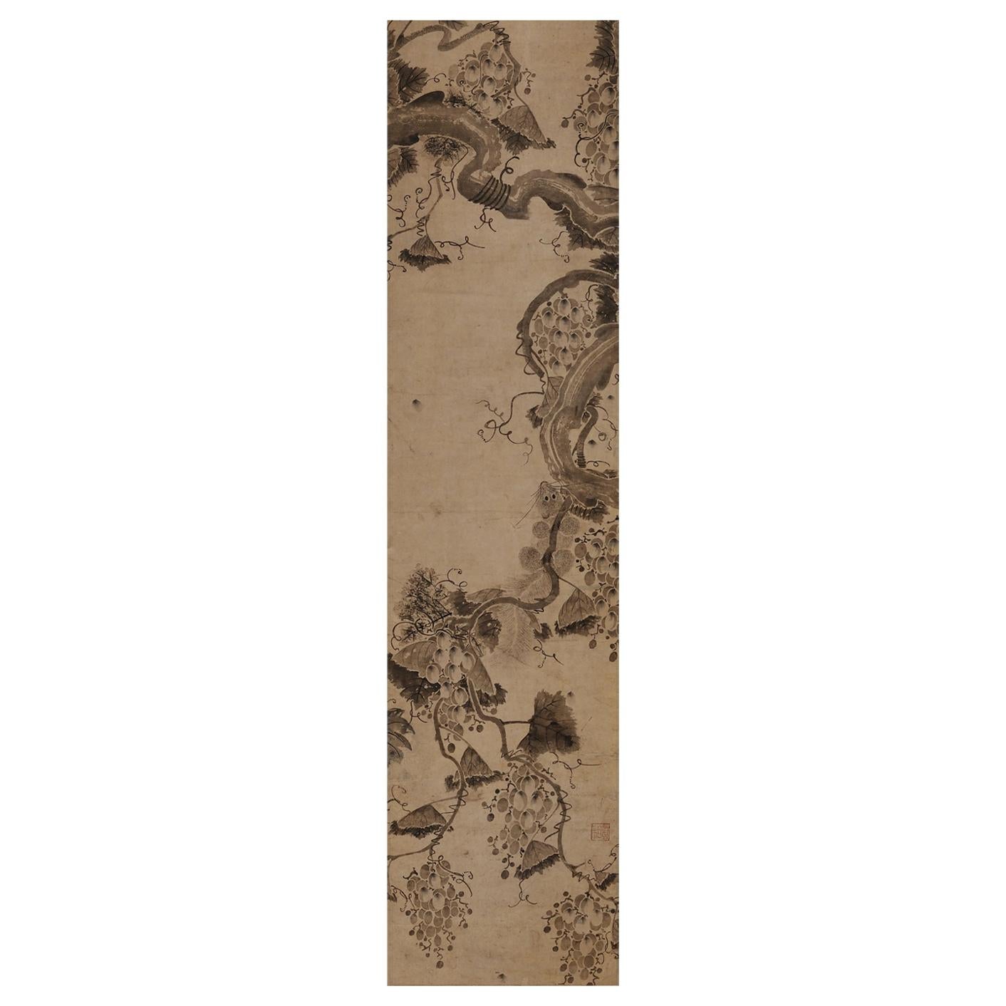 17th Century Korean Grapevine and Squirrel Scroll Painting, Mid Joseon Period