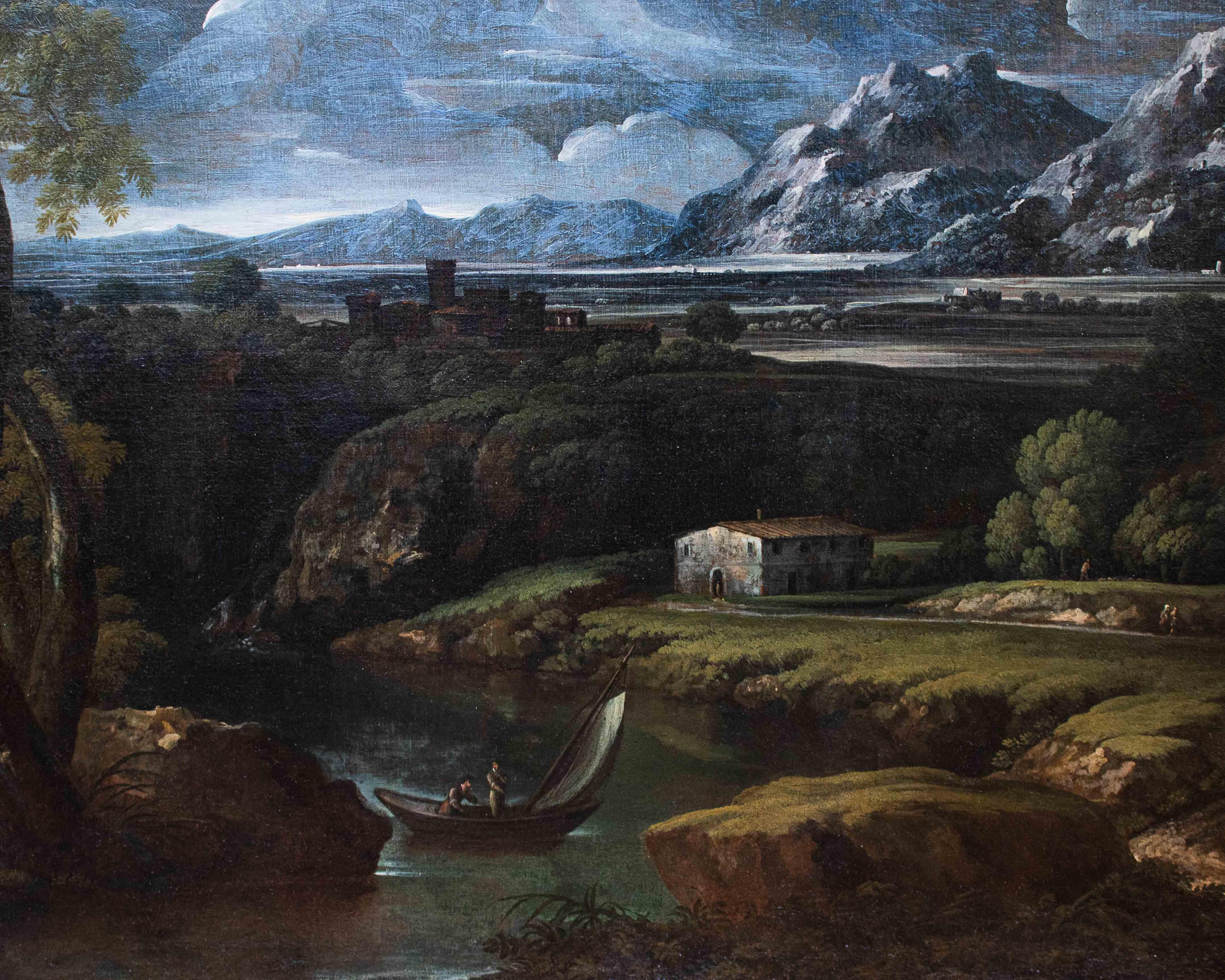 Crescenzio Onofri (1634-1714)
Landscape
Oil on canvas, 123.5 x 99.5 cm

The large rectangular canvas portrays a broad glimpse of lush and bucolic landscape in a twilight atmosphere. It is probably the Roman countryside or the Agro at the first