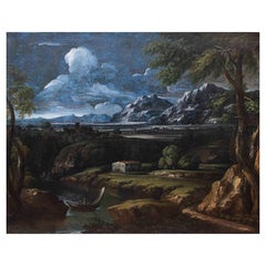 17th Century Landscape Painting Oil on Canvas by Crescenzio Onofri