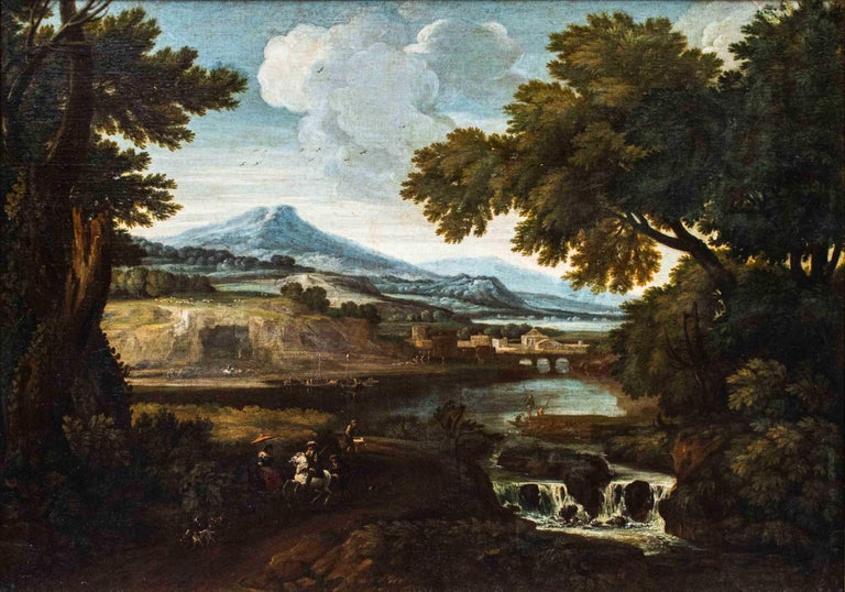 Roman school, 17th century
Landscape with Figures
Oil on canvas, 95.5 x 133 cm
Frame 111 x 148 cm

The canvas, of large rectangular format, portrays a large glimpse of lush and bucolic landscape, probably of the Roman countryside or the Agro,